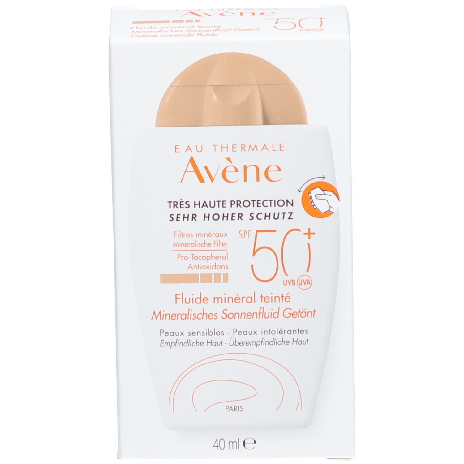 Product in verpakking. Witte doos met fles. Opschrift: Eau Thermale Avène, Zeer hoge bescherming SPF 50+. Getinte minerale vloeistof.