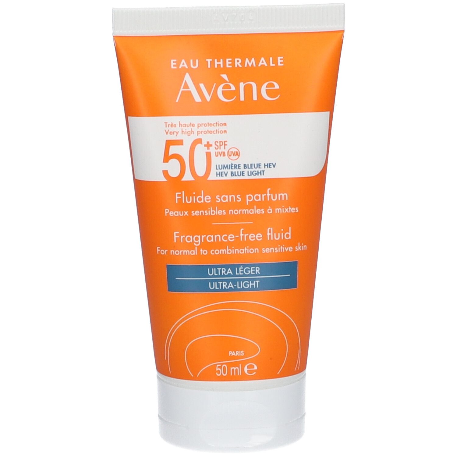 Oranje tube met witte dop. Tekst: Eau Thermale Avène, 50+ SPF, Fluide sans parfum, 50 ml.
