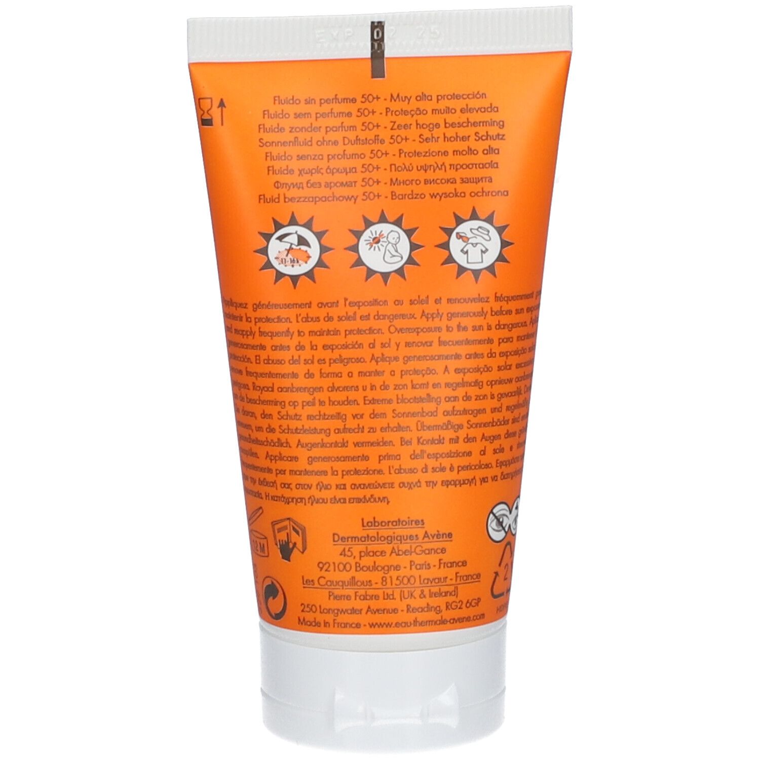 Achterkant van een oranje tube. Tekst: Fluide sans parfum 50+, gebruiksaanwijzing, ingrediënten.