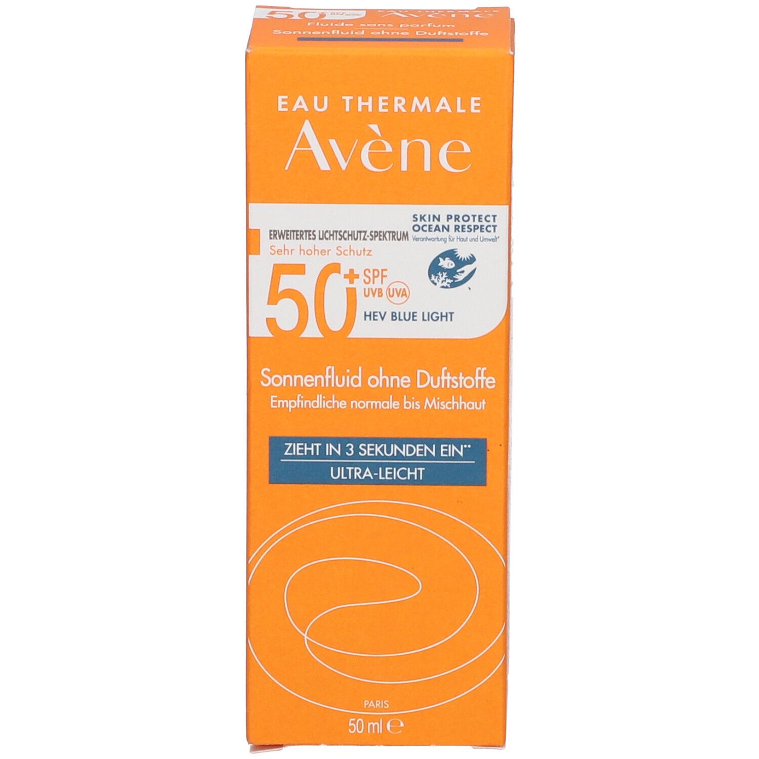 Verpakking. Oranje doos. Tekst: Eau Thermale Avène, 50+ SPF, Zonnebrand zonder parfum, 50 ml.