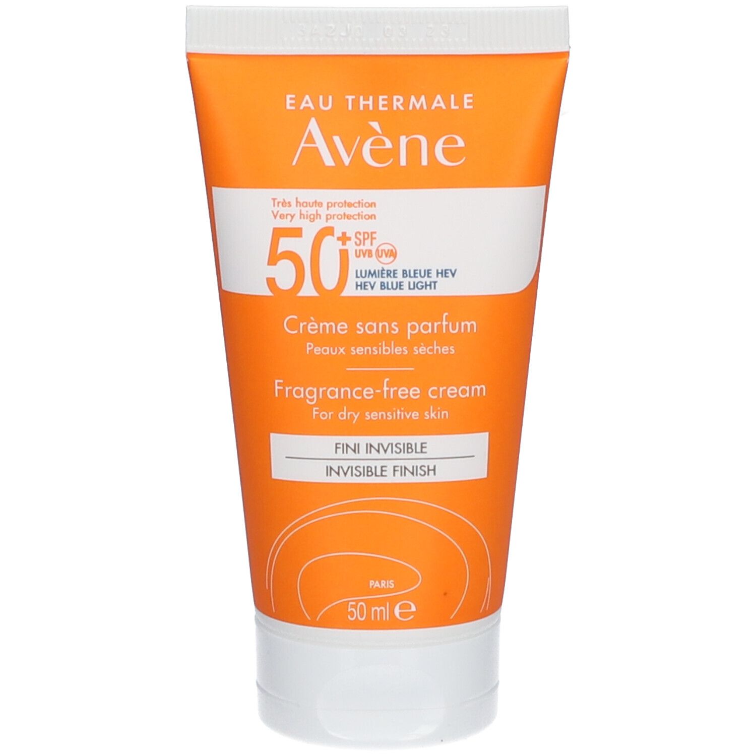 AVÈNE SPF50+ tube. Oranje, witte dop. Tekst: Eau Thermale Avène, 50+, Crème sans parfum, onzichtbare finish.