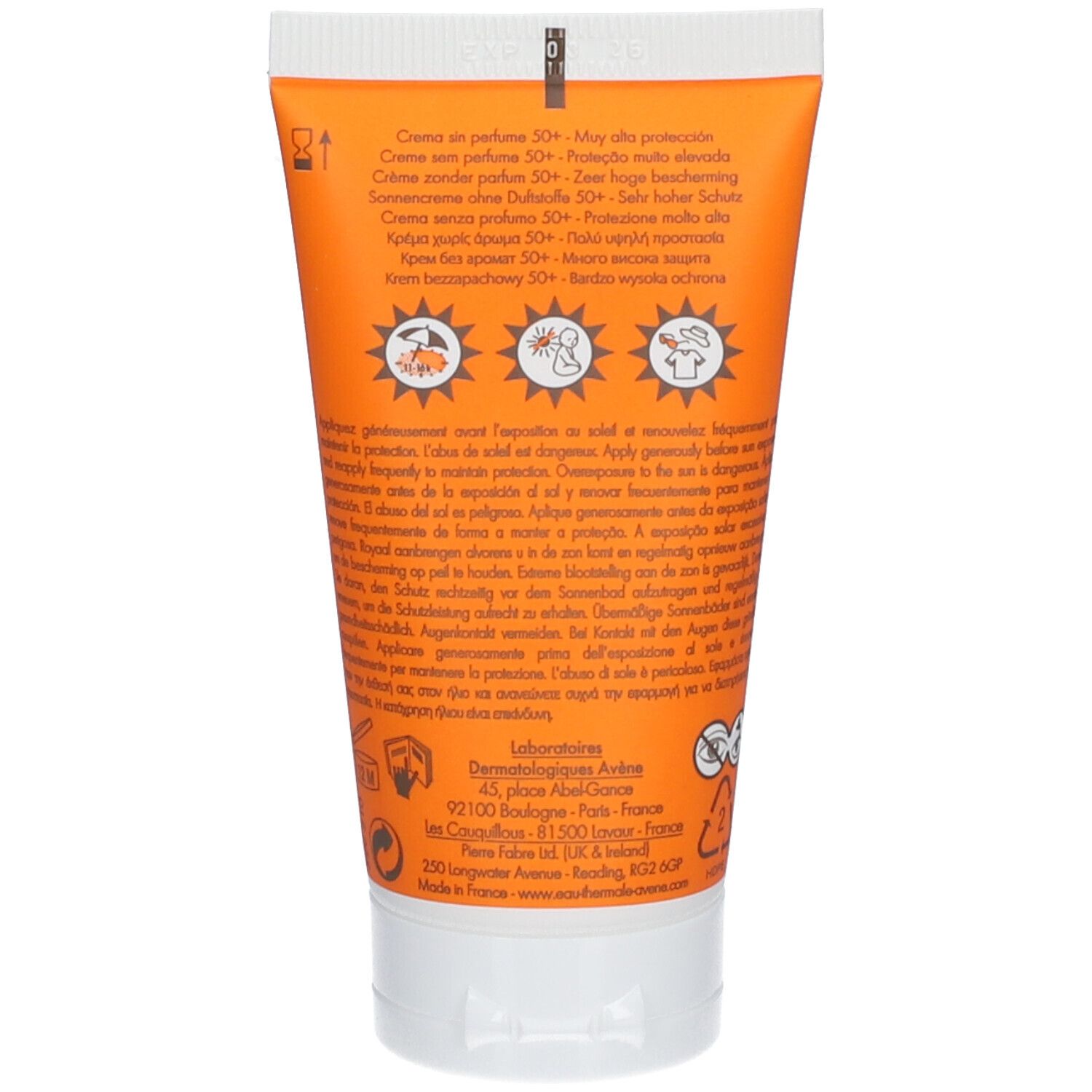 Achterkant van de AVÈNE tube. Tekst en pictogrammen. Oranje achtergrond.