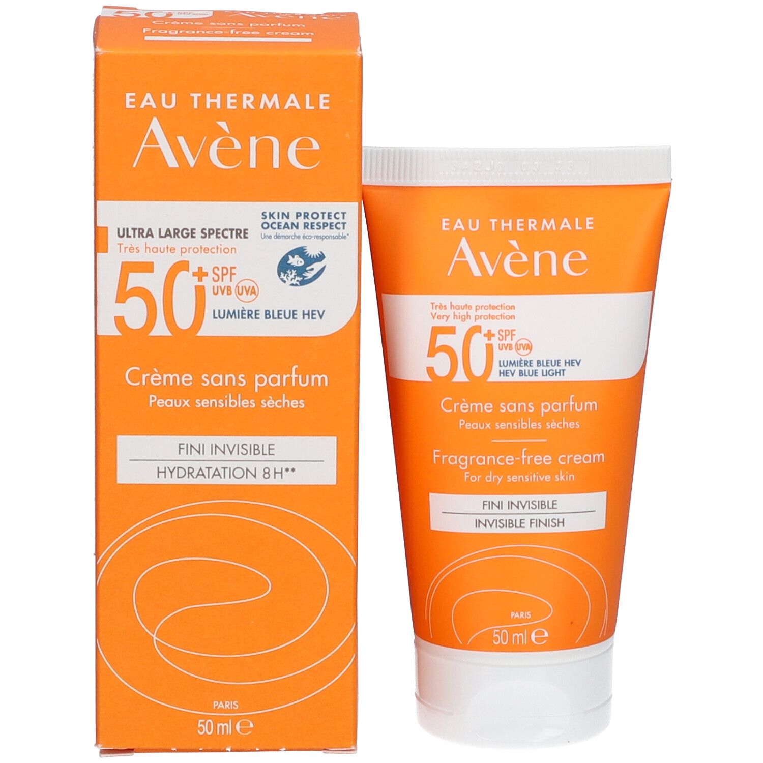 AVÈNE SPF50+ crème en verpakking. Oranje. Tekst: Eau Thermale Avène, 50+, Crème sans parfum, onzichtbare finish.