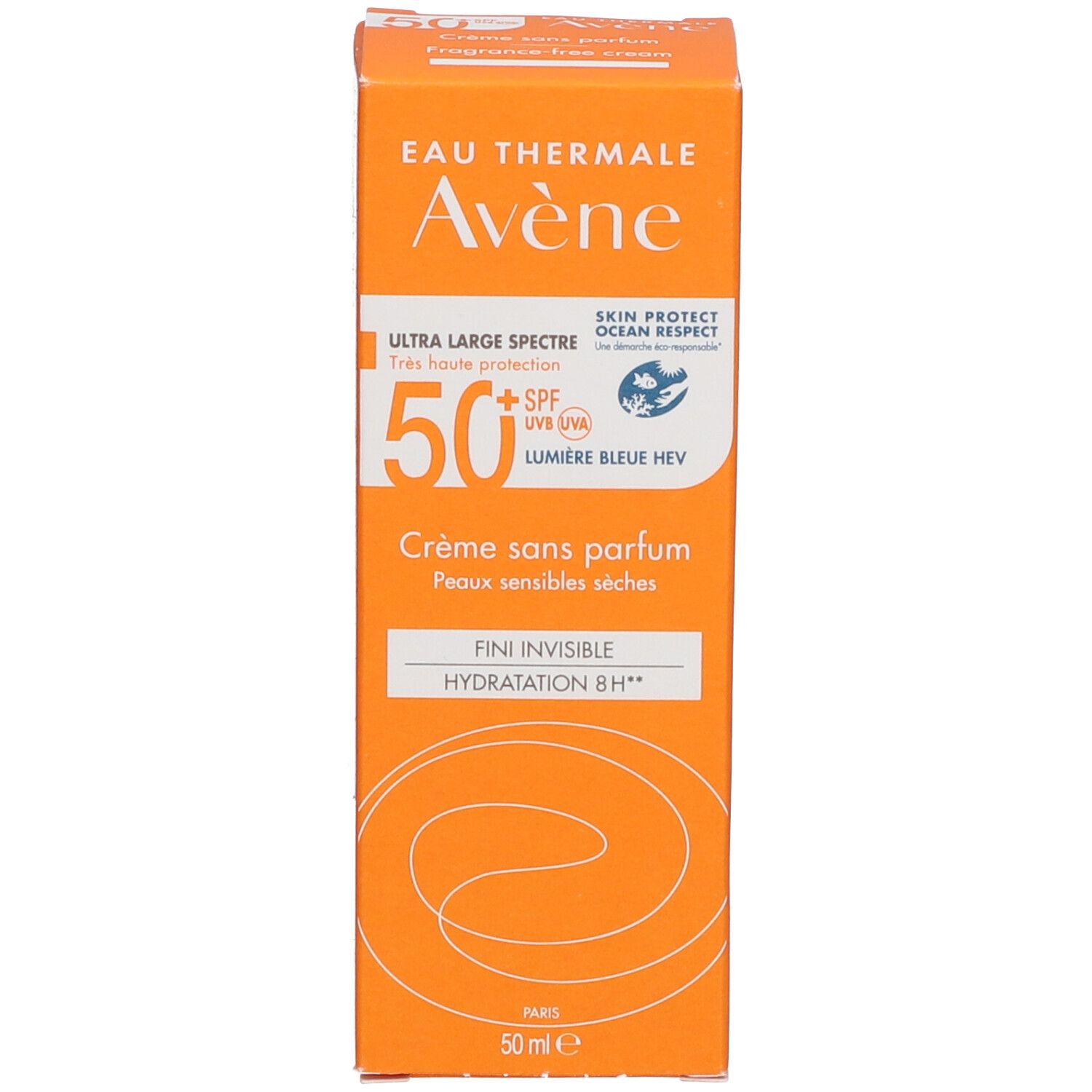 AVÈNE SPF50+ verpakking. Oranje. Tekst: Eau Thermale Avène, 50+, Crème sans parfum, Hydratation 8H.