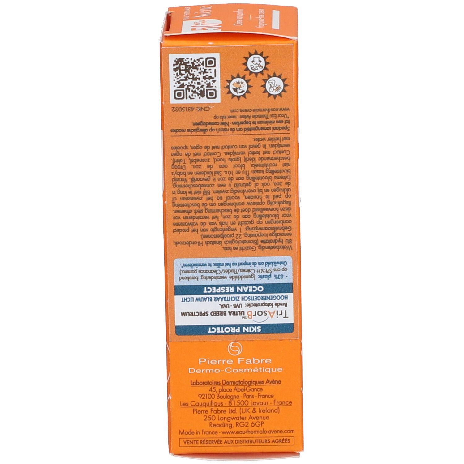 Zijkant van de AVÈNE verpakking. Tekst en logo's. Oranje achtergrond.