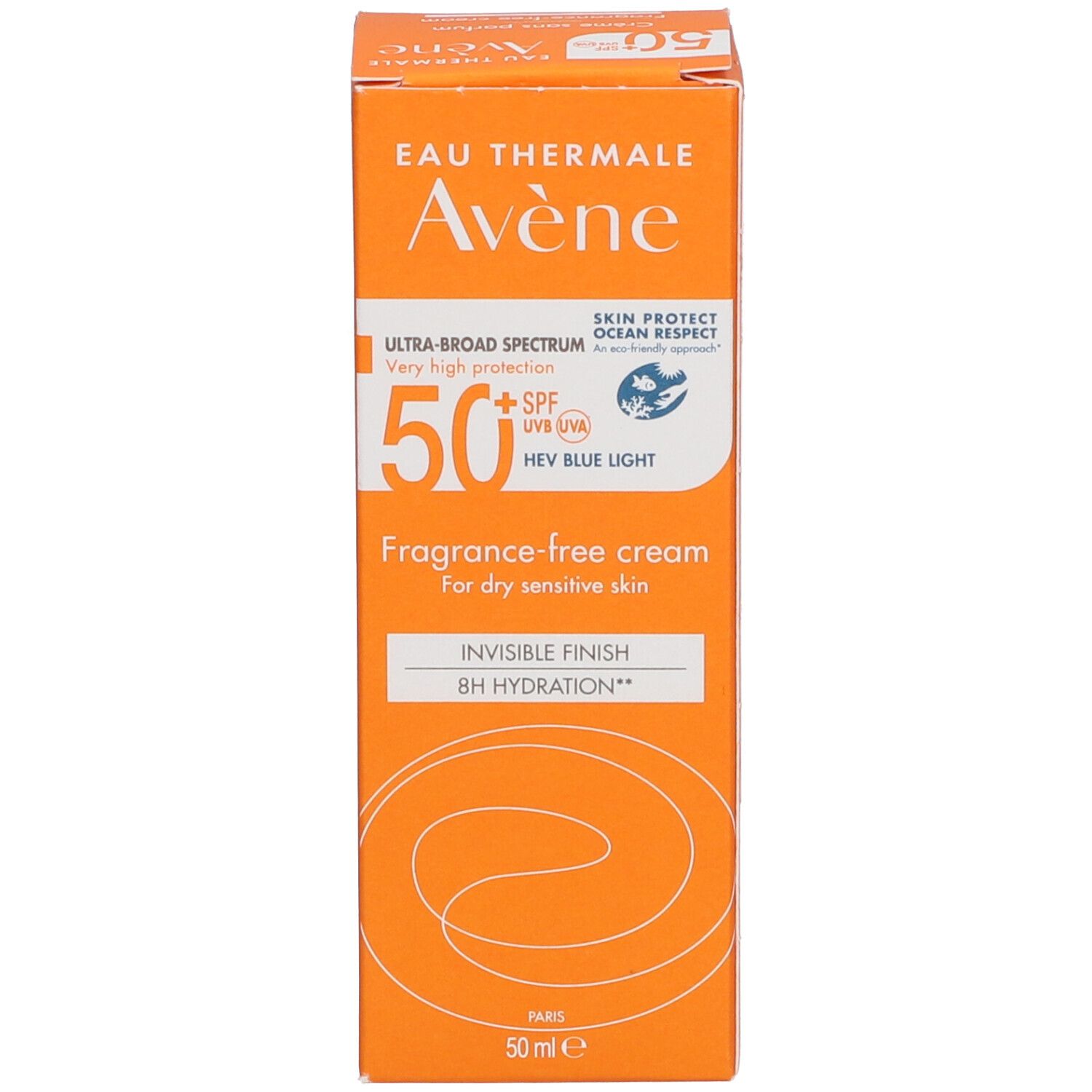 AVÈNE verpakking. Oranje. Tekst: Eau Thermale Avène, 50+, Crème sans parfum, Hydratation 8H.