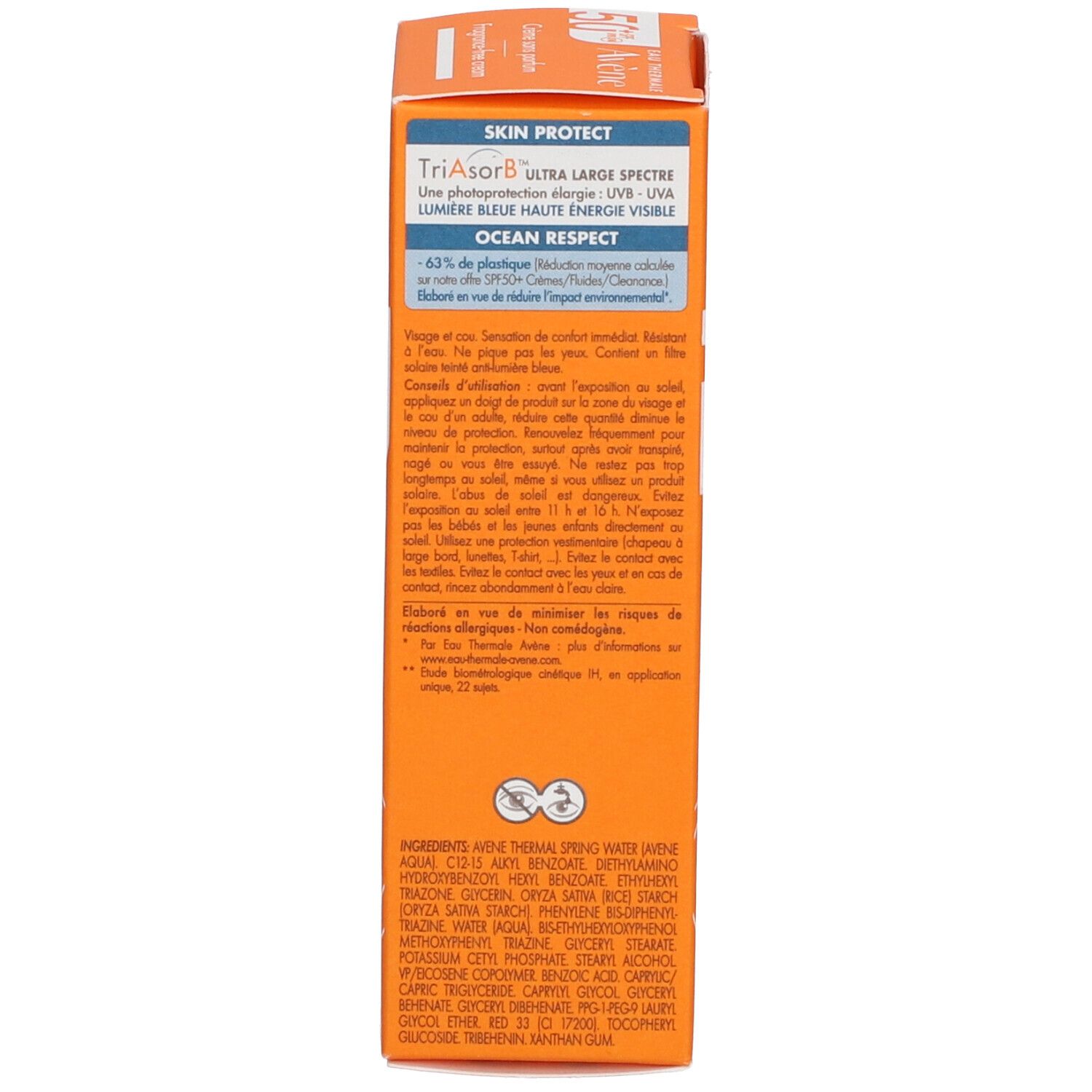 Achterkant van de AVÈNE verpakking. Tekst en logo's. Oranje achtergrond.