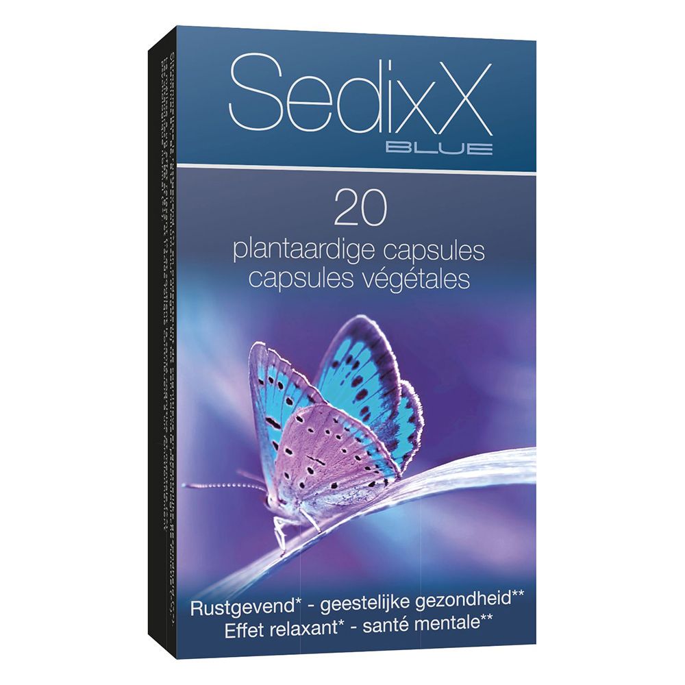 Doos SedixX BLUE met 20 plantaardige capsules. Afbeelding van een blauwe vlinder. Tekst: 'Rustgevend - geestelijke gezondheid'.