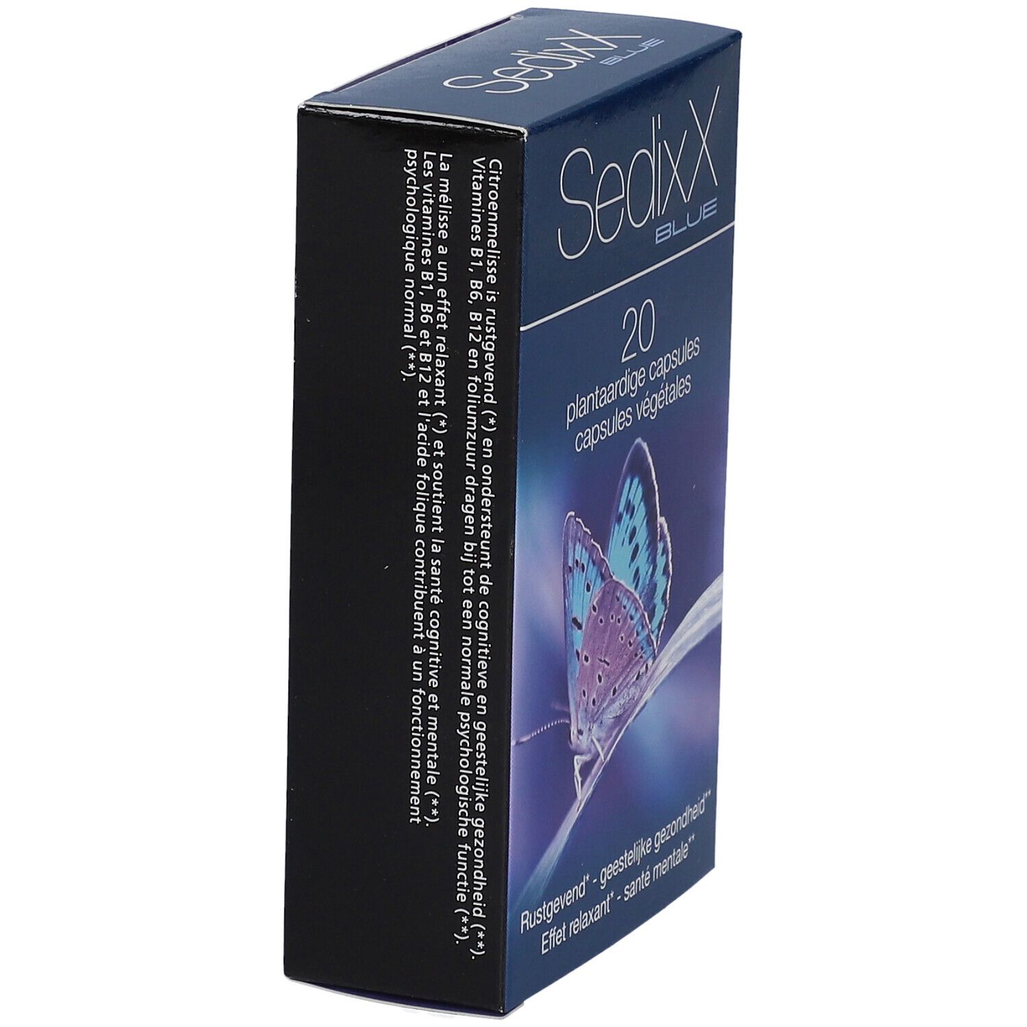 Zijaanzicht van de SedixX BLUE-doos. Tekst: '20 plantaardige capsules'. Bevat informatie over ingrediënten en gebruik.