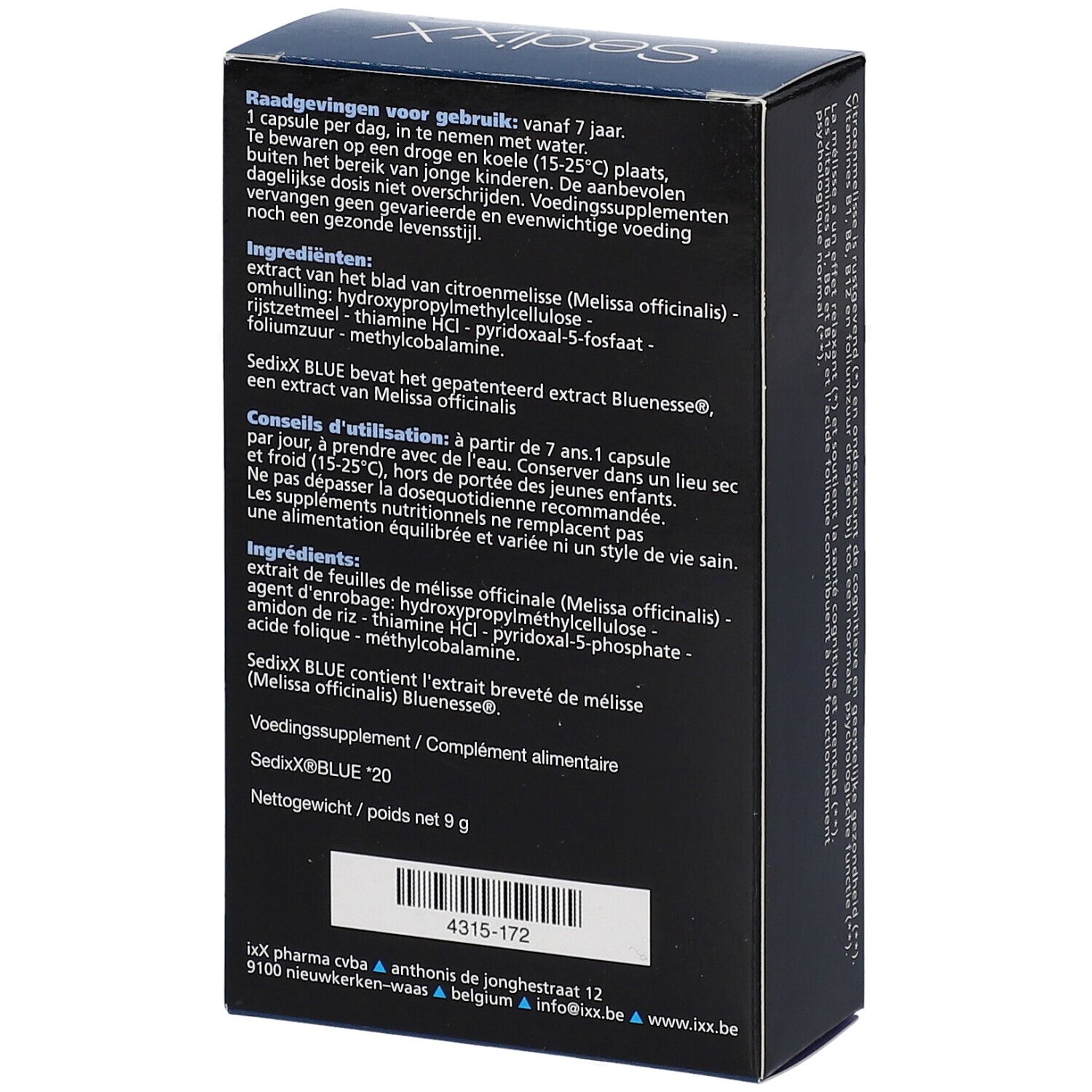 Achterkant van de SedixX BLUE-doos. Bevat informatie over gebruik, ingrediënten en voedingswaarden. Gewicht: 9 g.