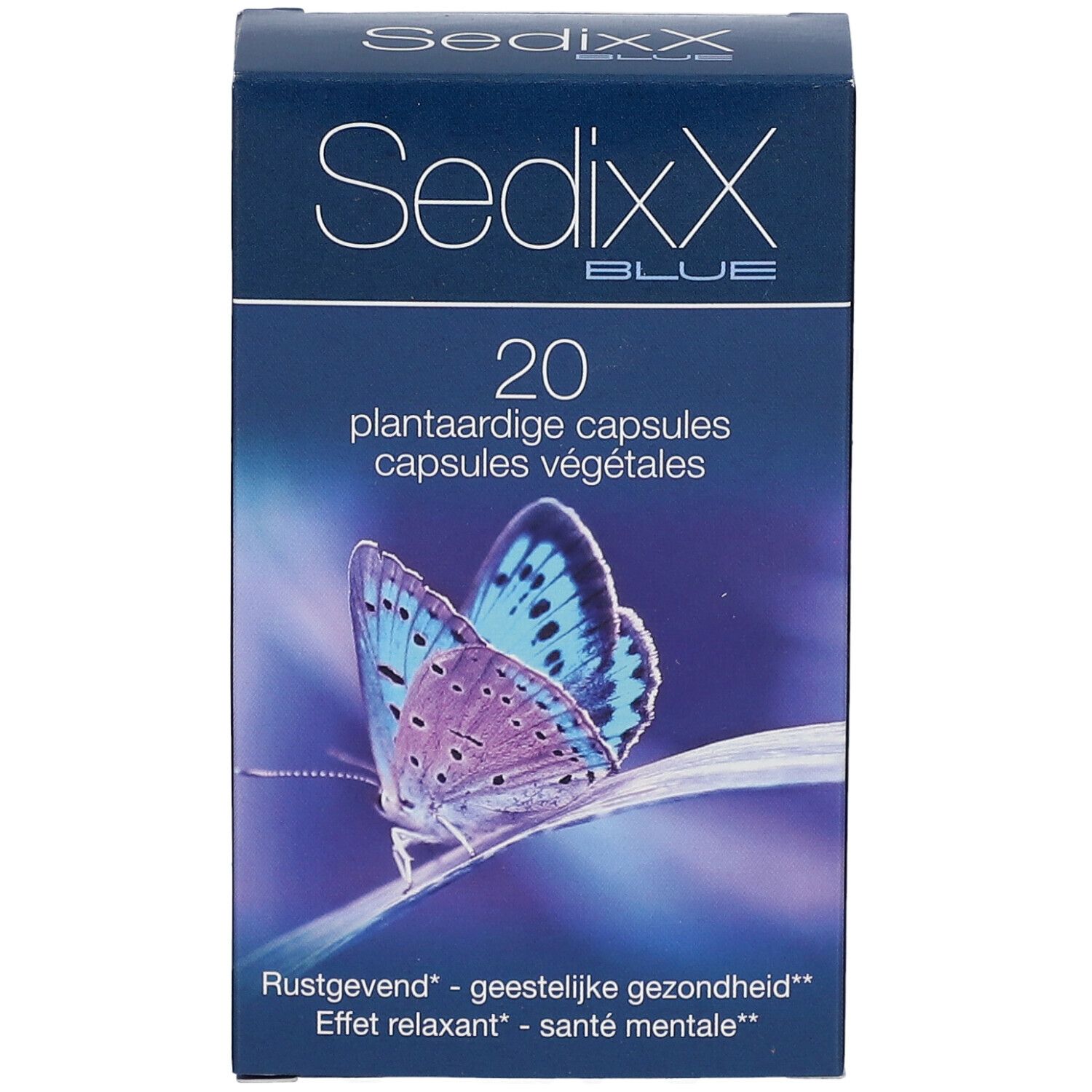 Doos SedixX BLUE met 20 plantaardige capsules. Afbeelding van een blauwe vlinder. Tekst: 'Rustgevend - geestelijke gezondheid'.