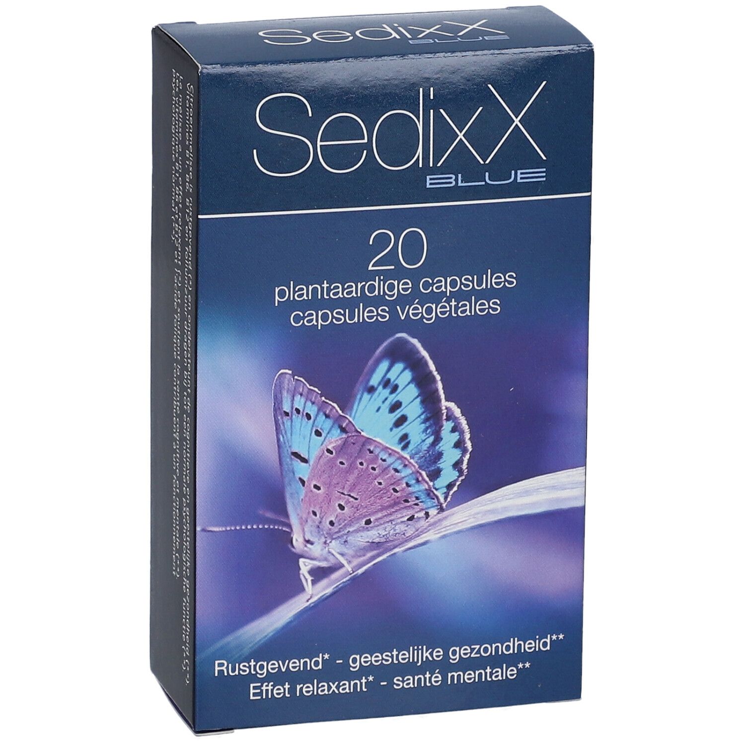 Doos SedixX BLUE met 20 plantaardige capsules. Afbeelding van een blauwe vlinder. Tekst: 'Rustgevend - geestelijke gezondheid'.