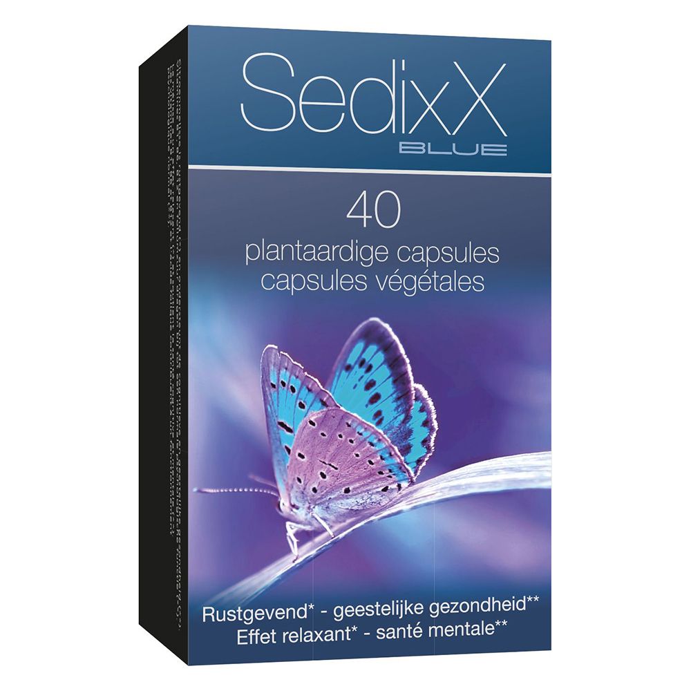 Blauwe doos met SedixX BLUE. 40 plantaardige capsules. Afbeelding van een vlinder. Tekst in het Nederlands en Frans.