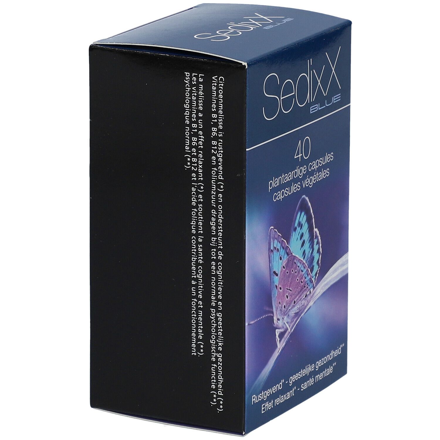 Blauwe doos SedixX BLUE, zijaanzicht. Tekst in het Nederlands en Frans. Bevat 40 capsules.