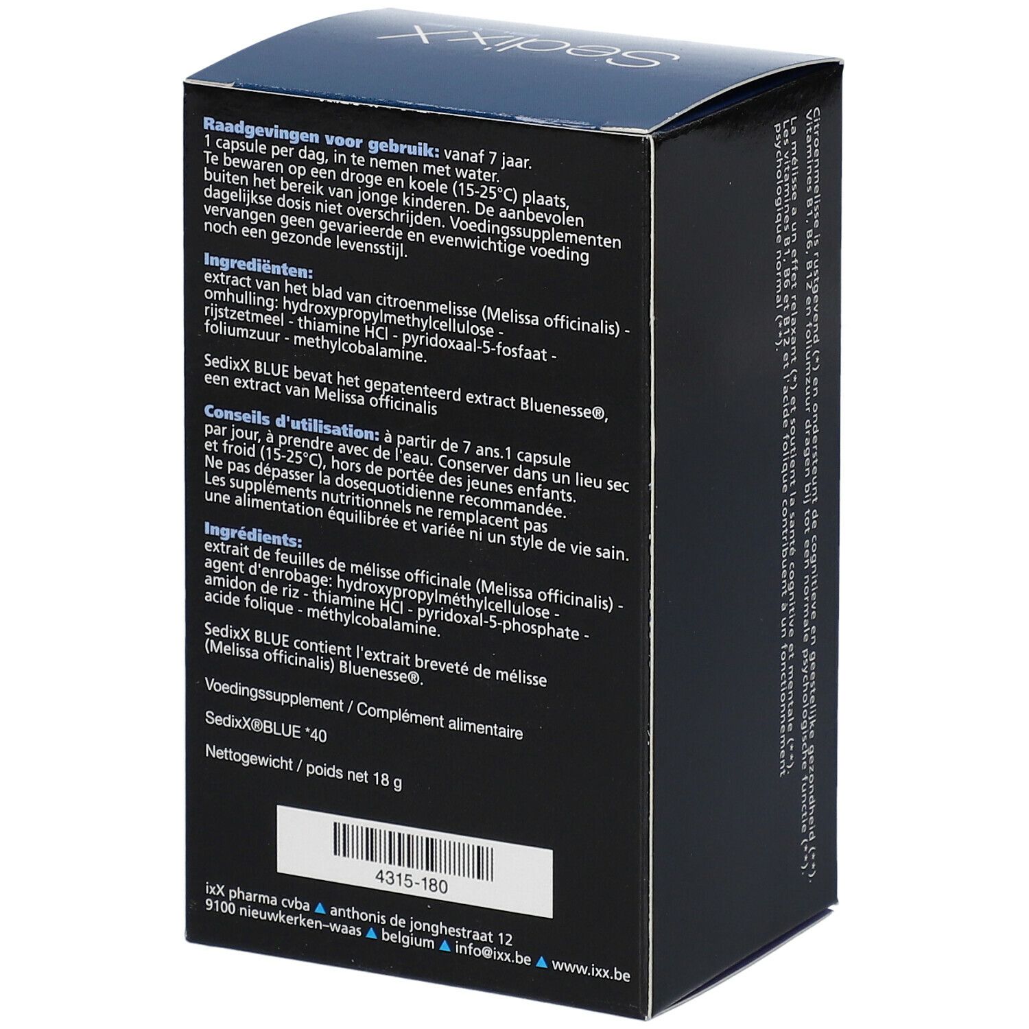 Achterkant van de blauwe SedixX BLUE doos. Tekst in het Nederlands. Bevat informatie over ingrediënten en dosering.