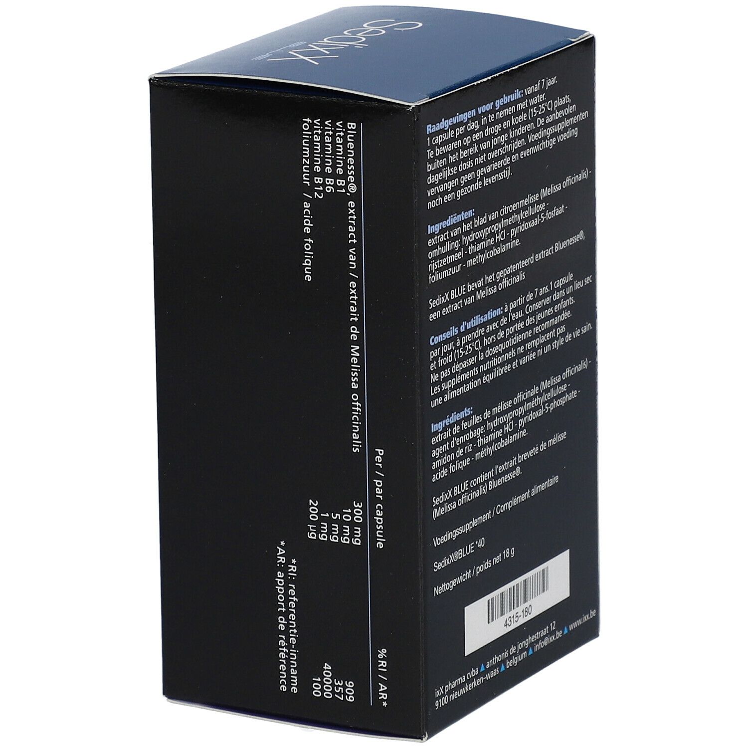 Achterkant van de blauwe SedixX BLUE doos. Tekst in het Nederlands. Voedingswaarde en ingrediënten.