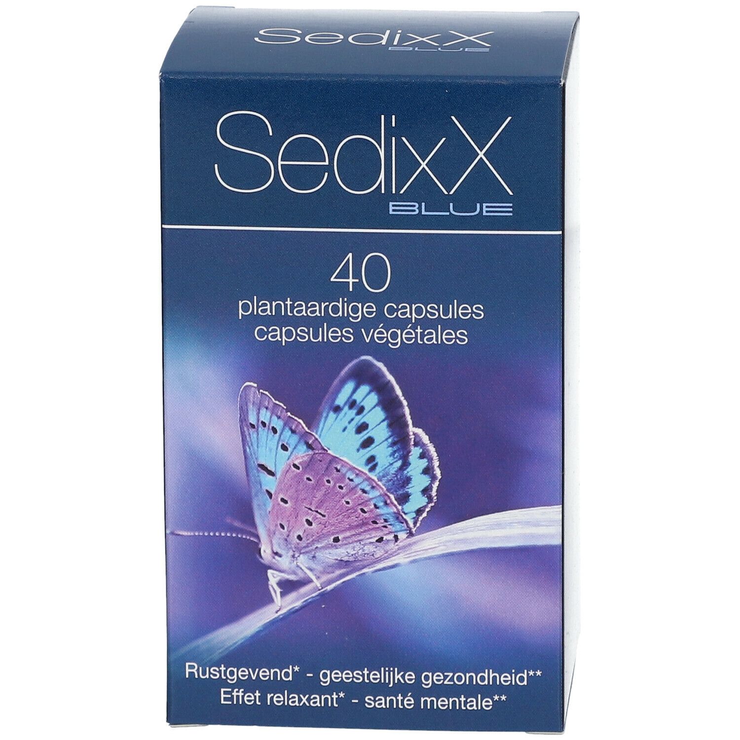 Blauwe doos met SedixX BLUE. 40 plantaardige capsules. Afbeelding van een vlinder. Tekst in het Nederlands en Frans.