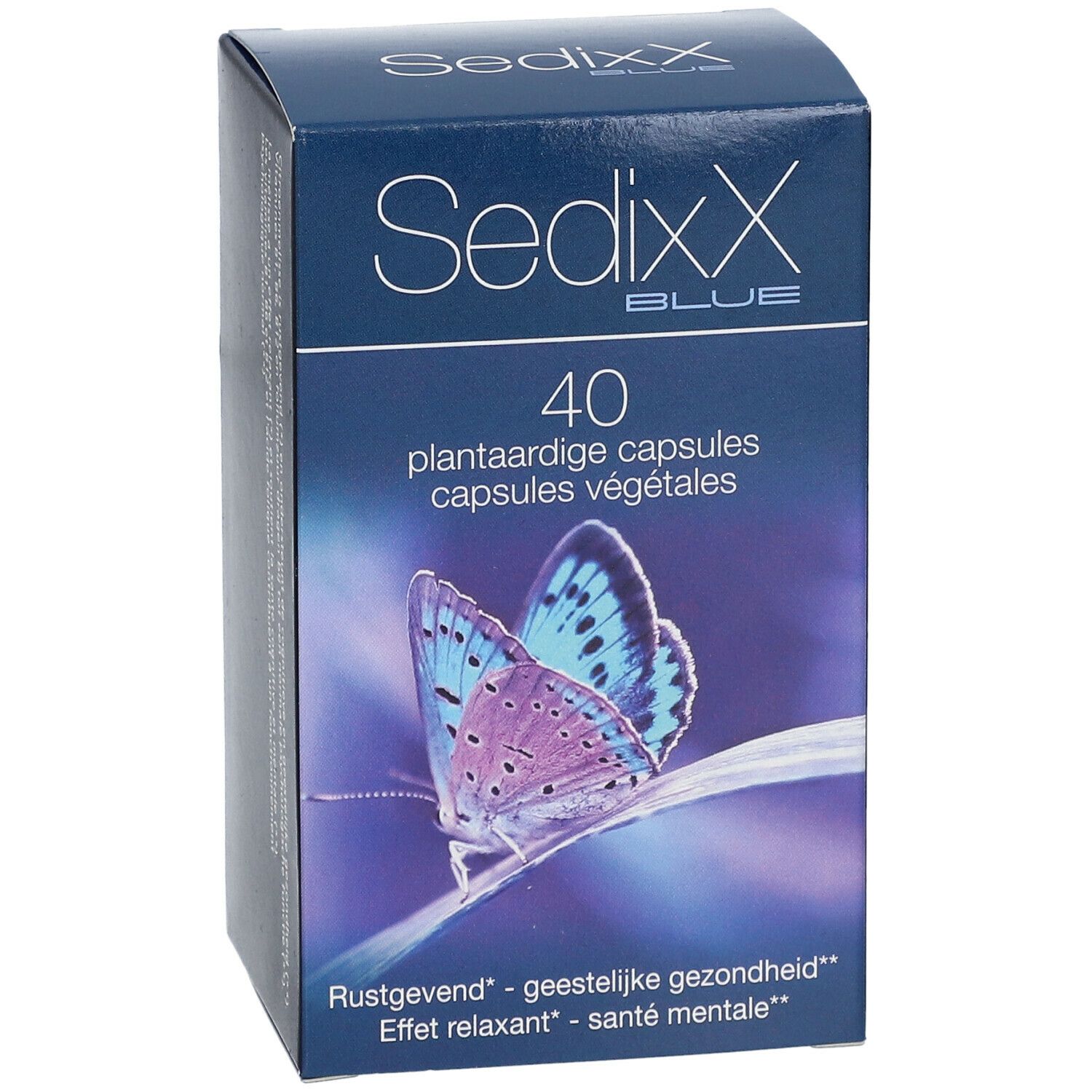 Blauwe doos met SedixX BLUE. 40 plantaardige capsules. Afbeelding van een vlinder. Tekst in het Nederlands en Frans.