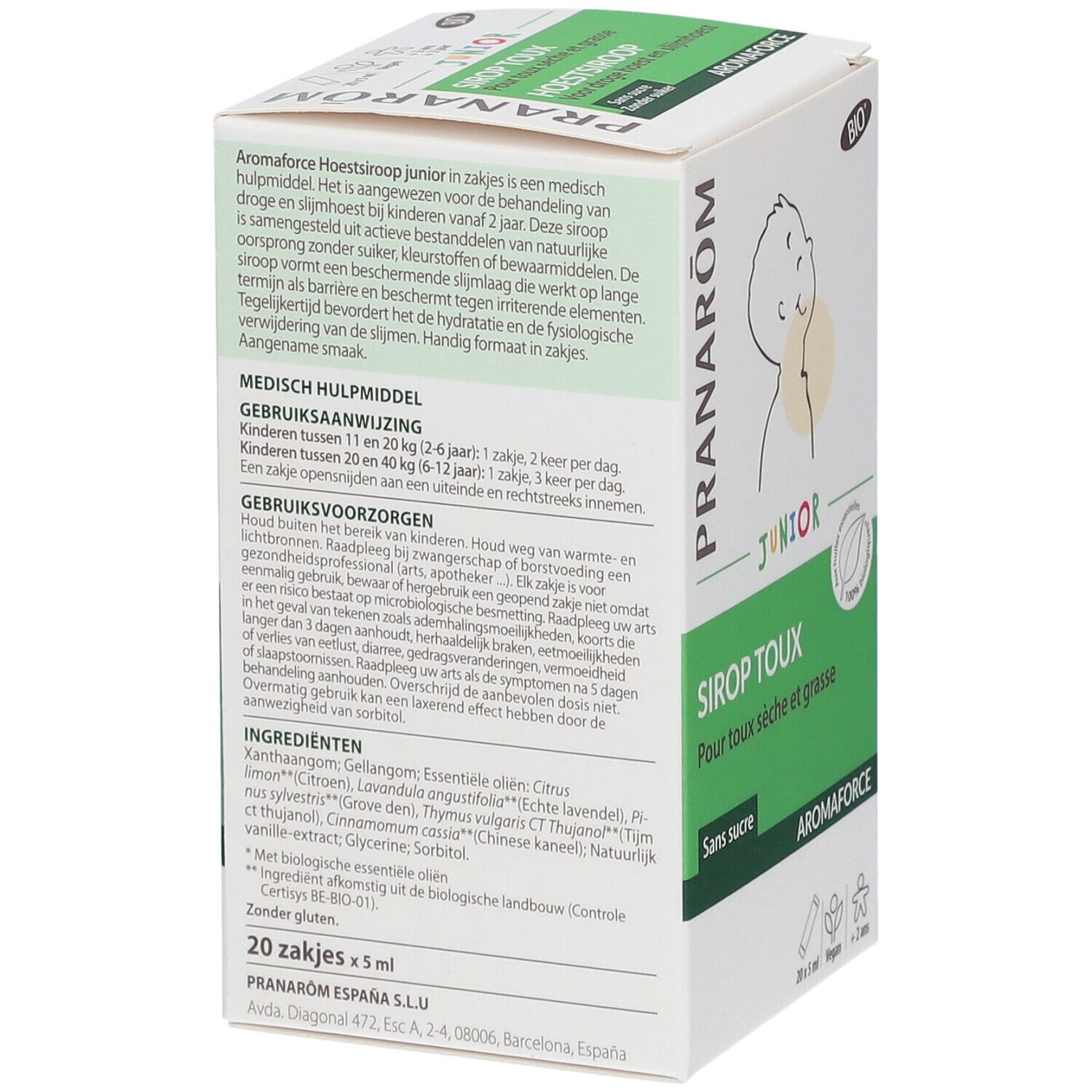 Verpakking Pranarôm Aromaforce Junior. Tekst: Hoestsiroop, Zonder suiker. Bio-certificering. Kind-illustratie. 20 x 5 ml zakjes.