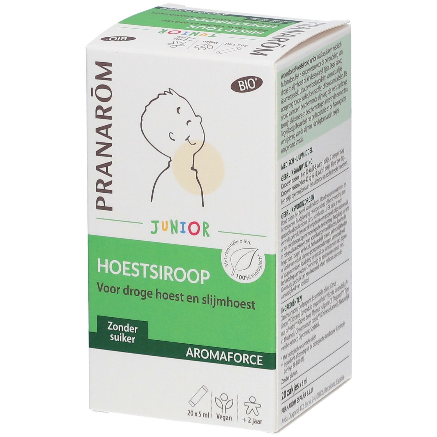 Verpakking Pranarôm Aromaforce Junior. Tekst: Hoestsiroop, Zonder suiker. Bio-certificering. Kind-illustratie. 20 x 5 ml zakjes.
