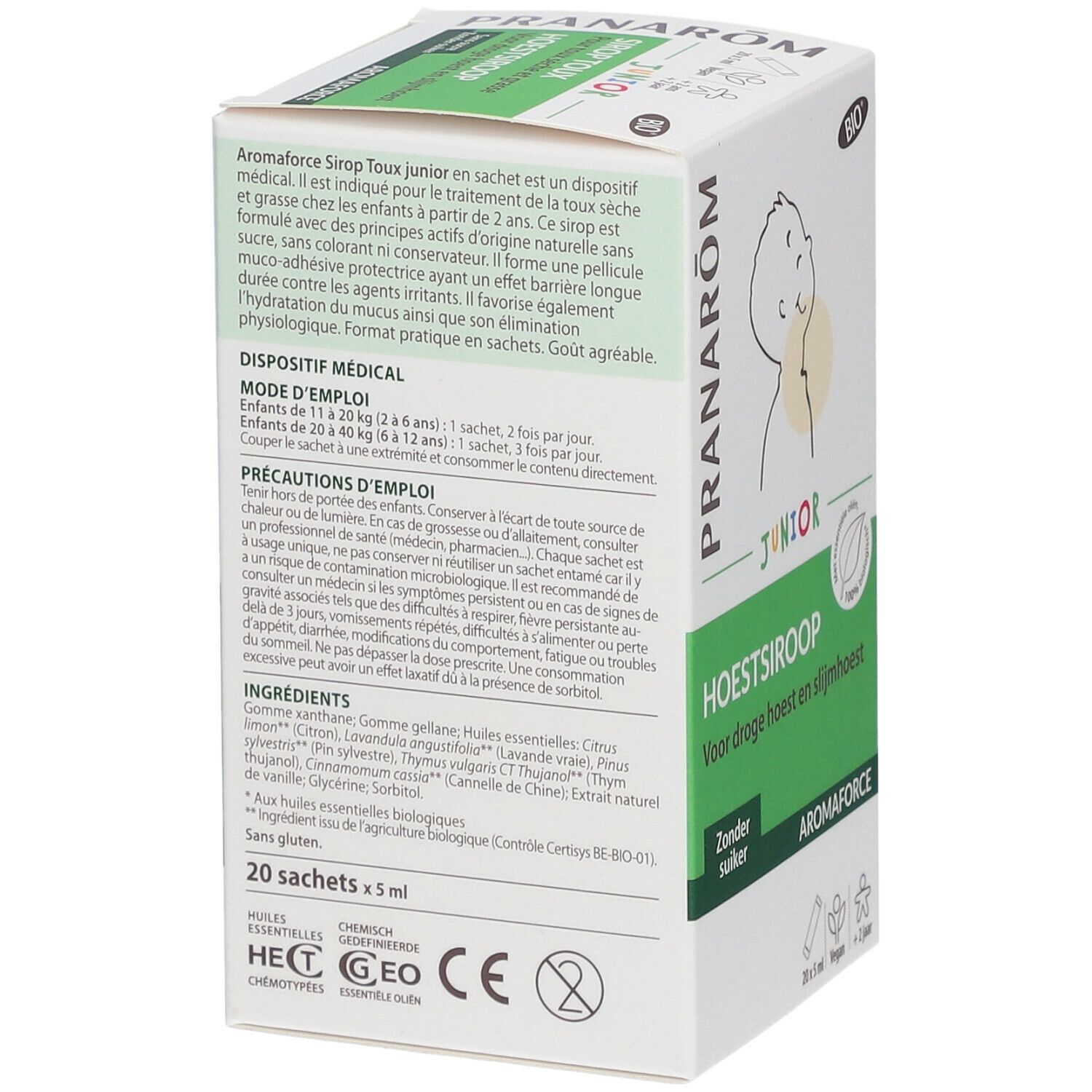 Verpakking Pranarôm Aromaforce Junior. Tekst: Hoestsiroop, Zonder suiker. Bio-certificering. Kind-illustratie. 20 x 5 ml zakjes.