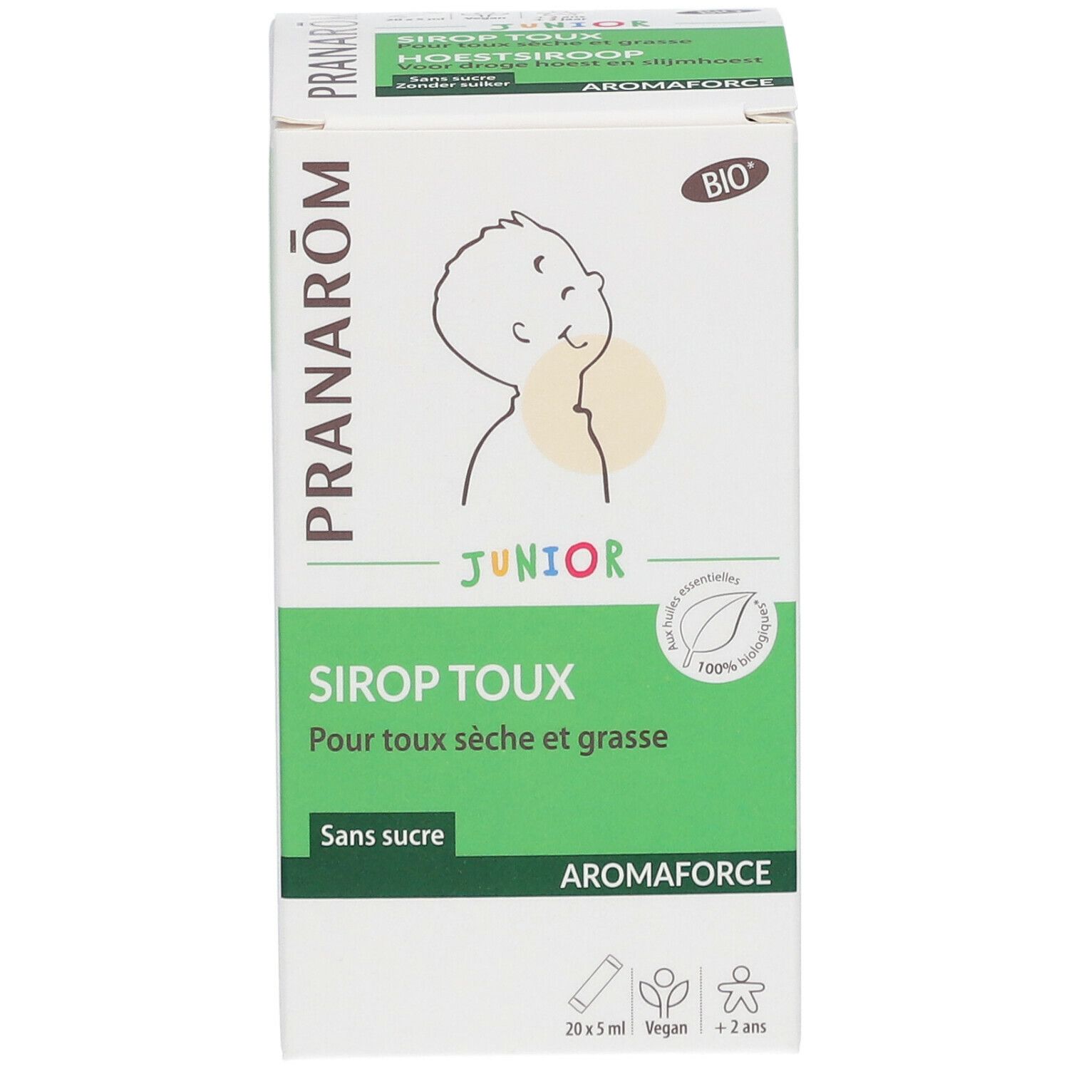 Verpakking Pranarôm Aromaforce Junior Sirop Toux. Groen-witte doos met kindillustratie. Tekst: Sirop Toux, Sans sucre. Bio-label.
