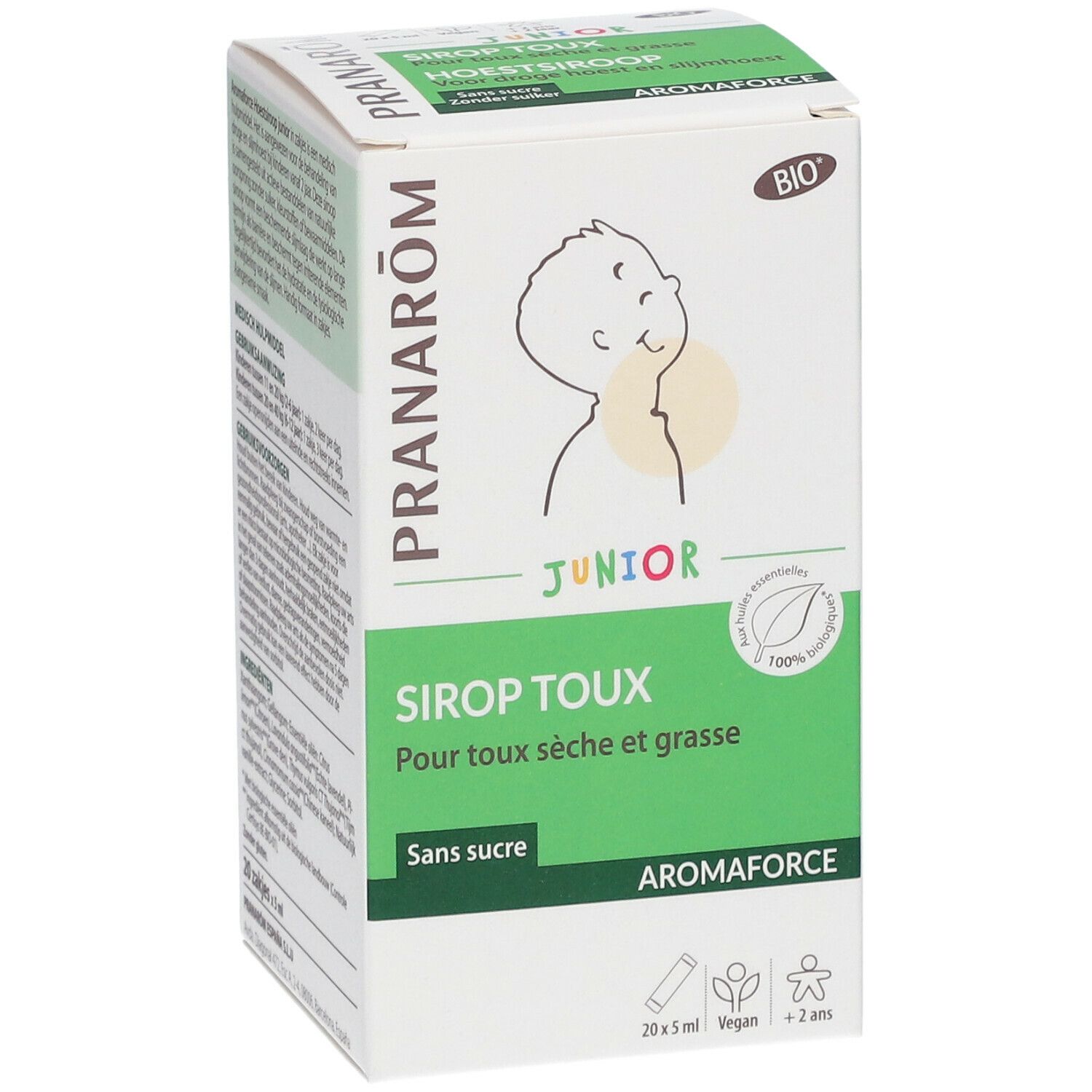 Verpakking Pranarôm Aromaforce Junior Sirop Toux. Groen-witte doos met kindillustratie. Tekst: Sirop Toux, Sans sucre. Bio-label.