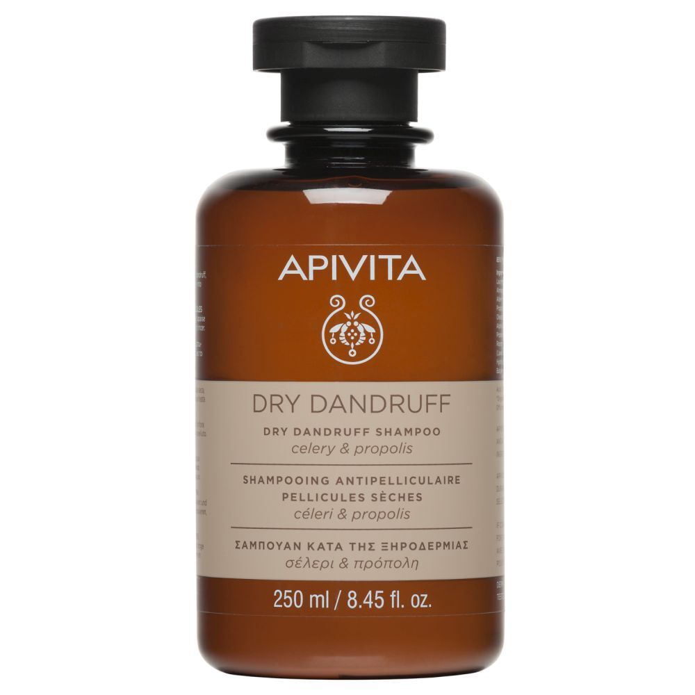 Bruine fles met zwarte pomp. Opschrift: APIVITA, DRY DANDRUFF Shampoo, 250 ml.