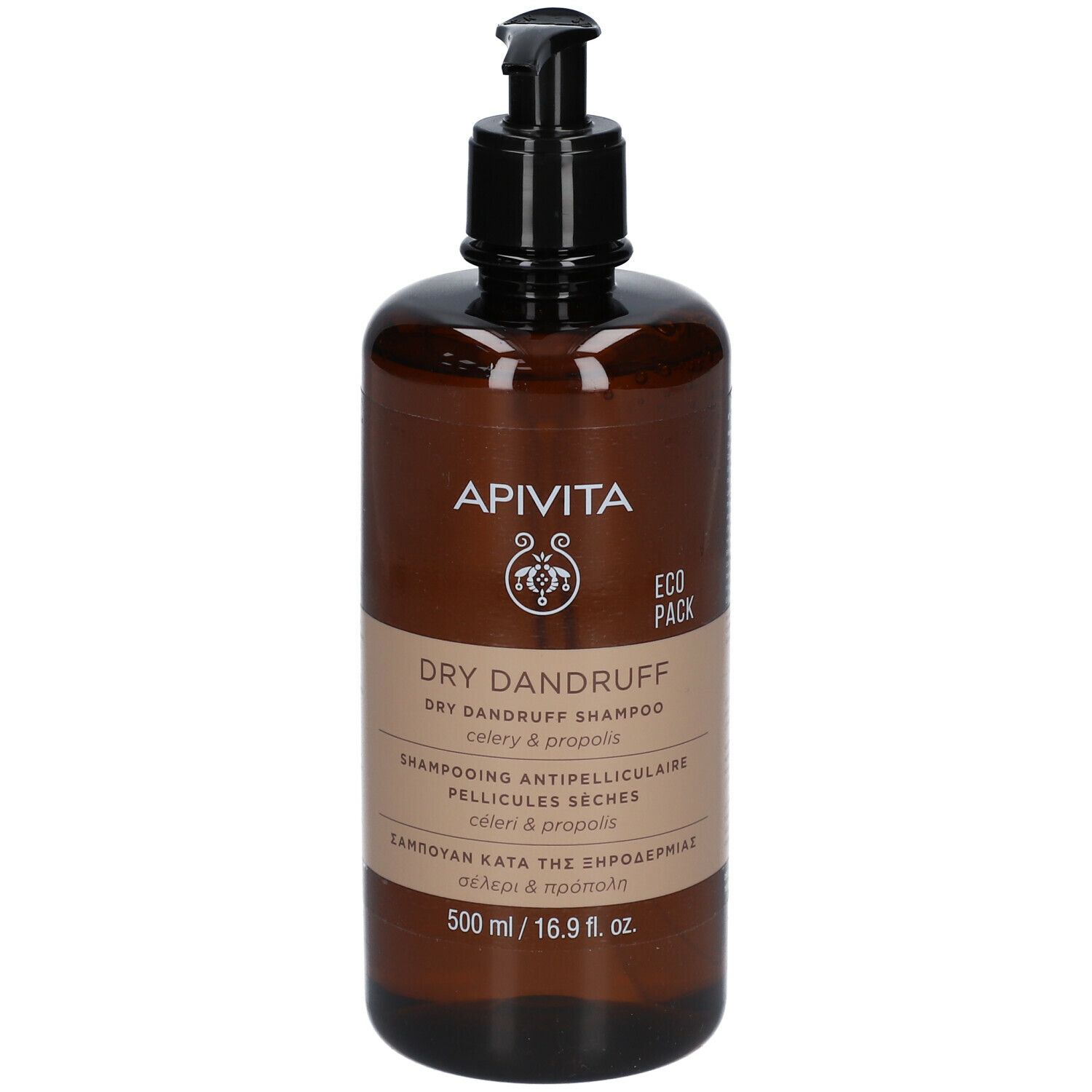 Bruine fles met zwarte pomp. Opschrift: APIVITA, DRY DANDRUFF Shampoo, ECO PACK.