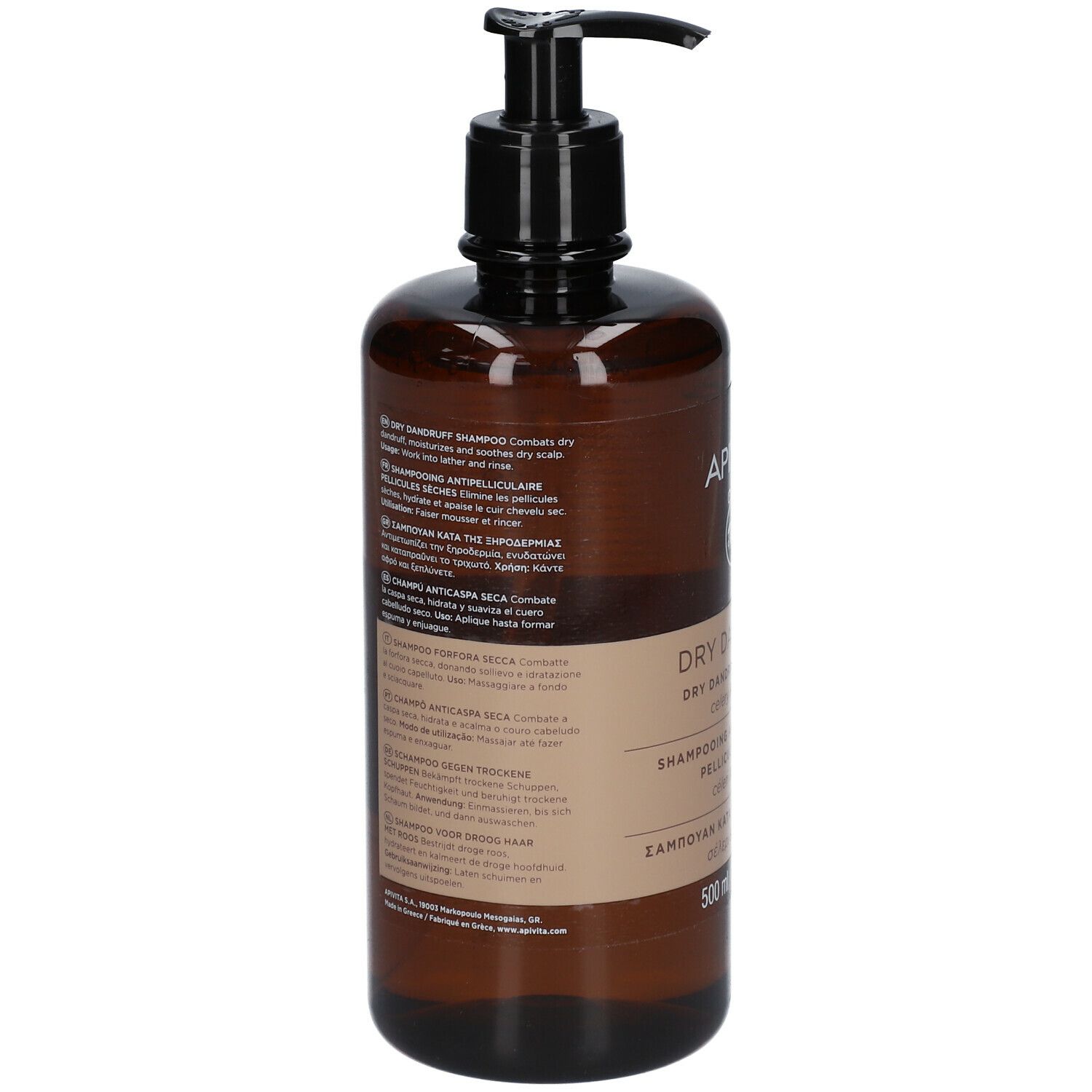 Achterkant bruine fles met tekst. Opschrift: DRY DANDRUFF Shampoo, ingrediënten, gebruiksaanwijzing.