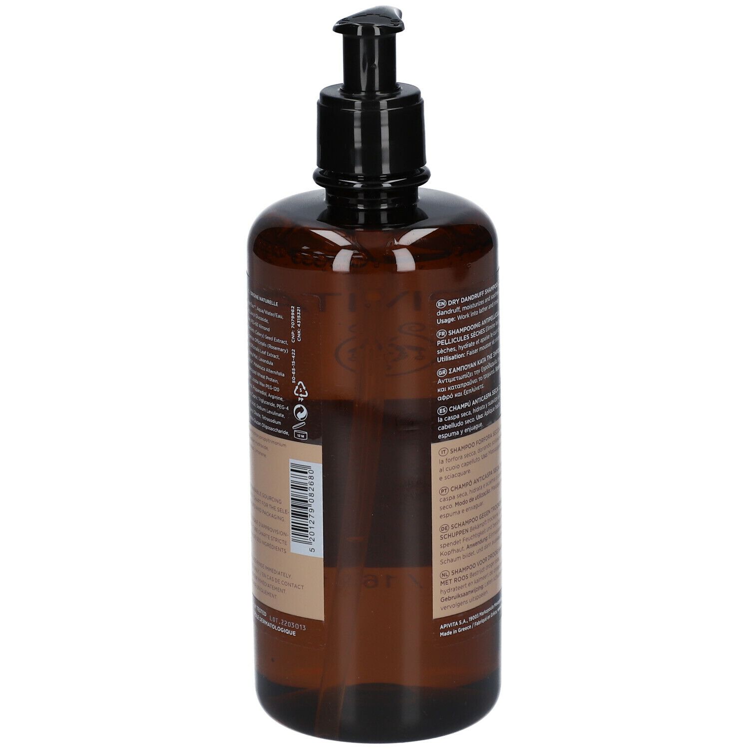 Achterkant bruine fles met tekst en barcode. Opschrift: DRY DANDRUFF Shampoo, waarschuwingen.