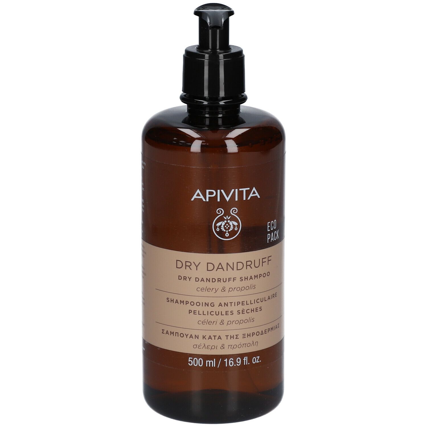 Bruine fles met zwarte pomp. Opschrift: APIVITA, DRY DANDRUFF Shampoo, ECO PACK.
