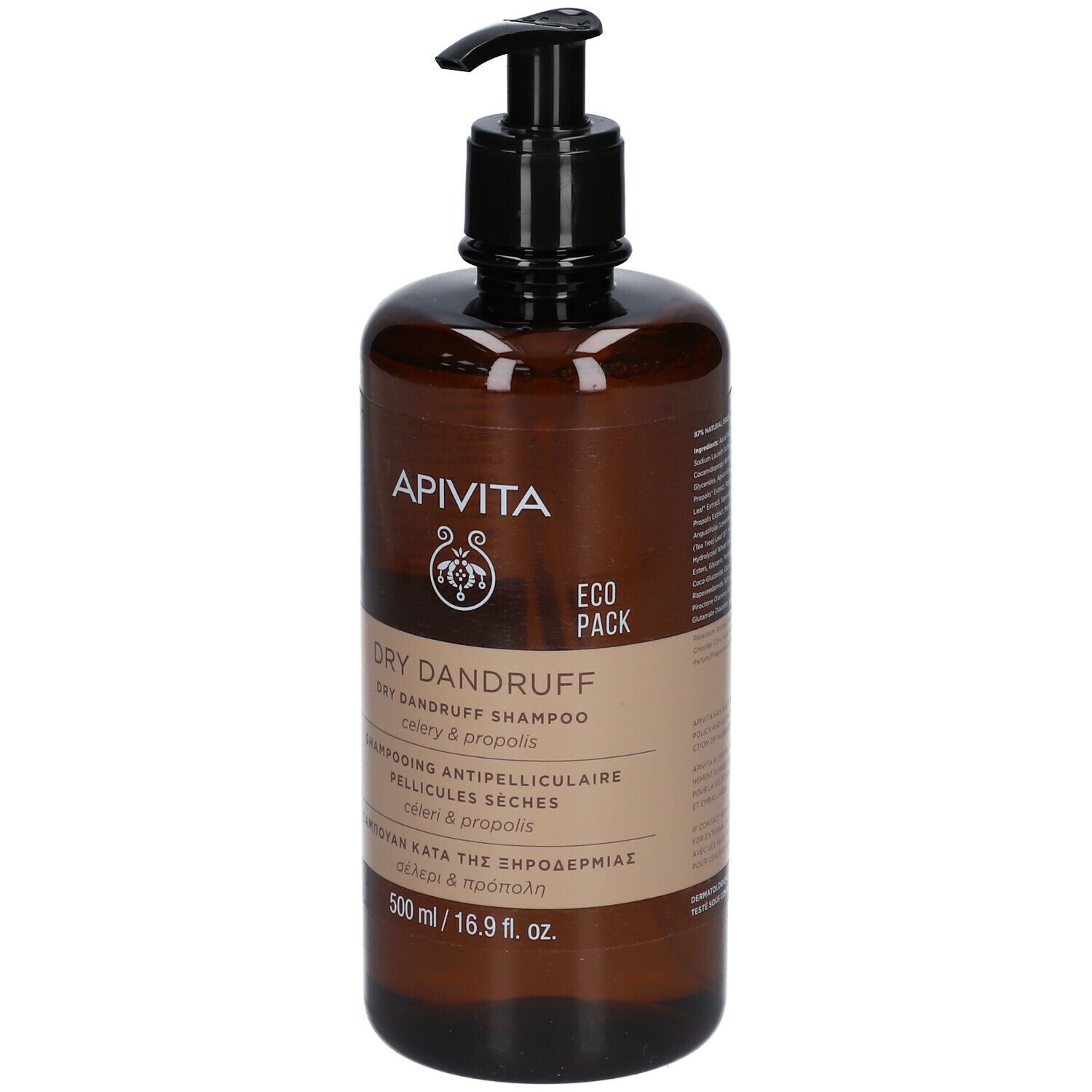 Bruine fles met zwarte pomp. Opschrift: APIVITA, DRY DANDRUFF Shampoo, ECO PACK.