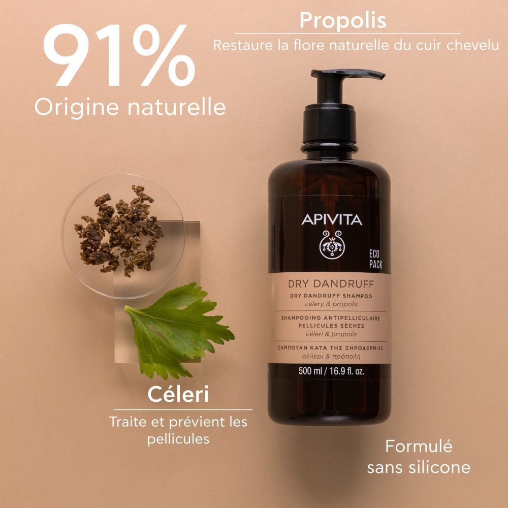 Produit avec ingrédients. Texte: 91% d'origine naturelle. Céleri, Propolis. Traite et prévient les pellicules.