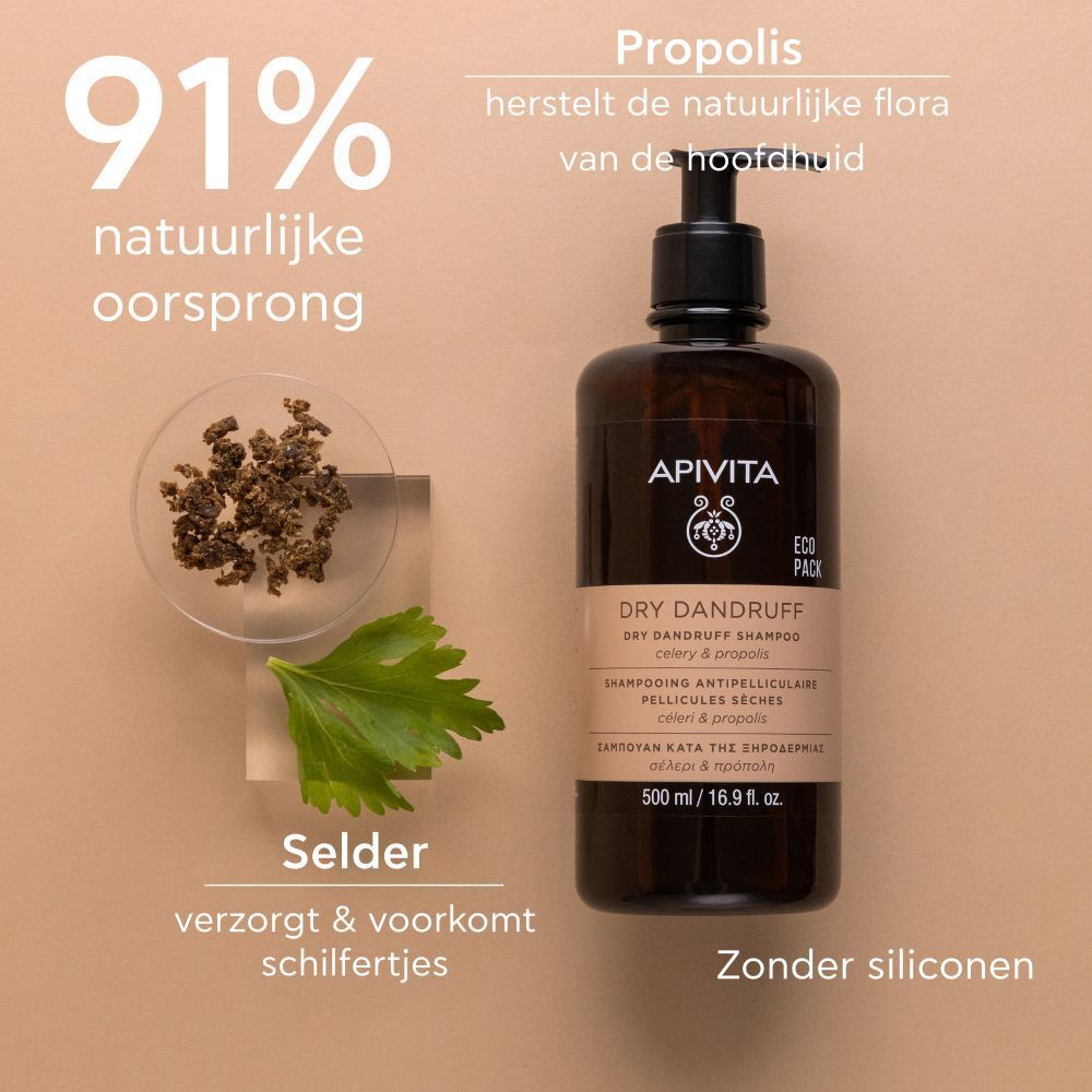 Product met ingrediënten. Tekst: 91% natuurlijke oorsprong. Selder, Propolis. Verzorgt & voorkomt schilfertjes.