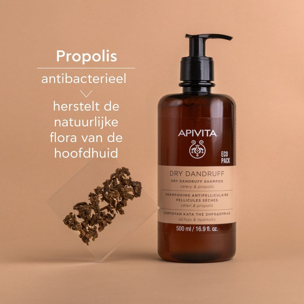Product met Propolis. Tekst: Antibacterieel, herstelt de natuurlijke flora van de hoofdhuid.