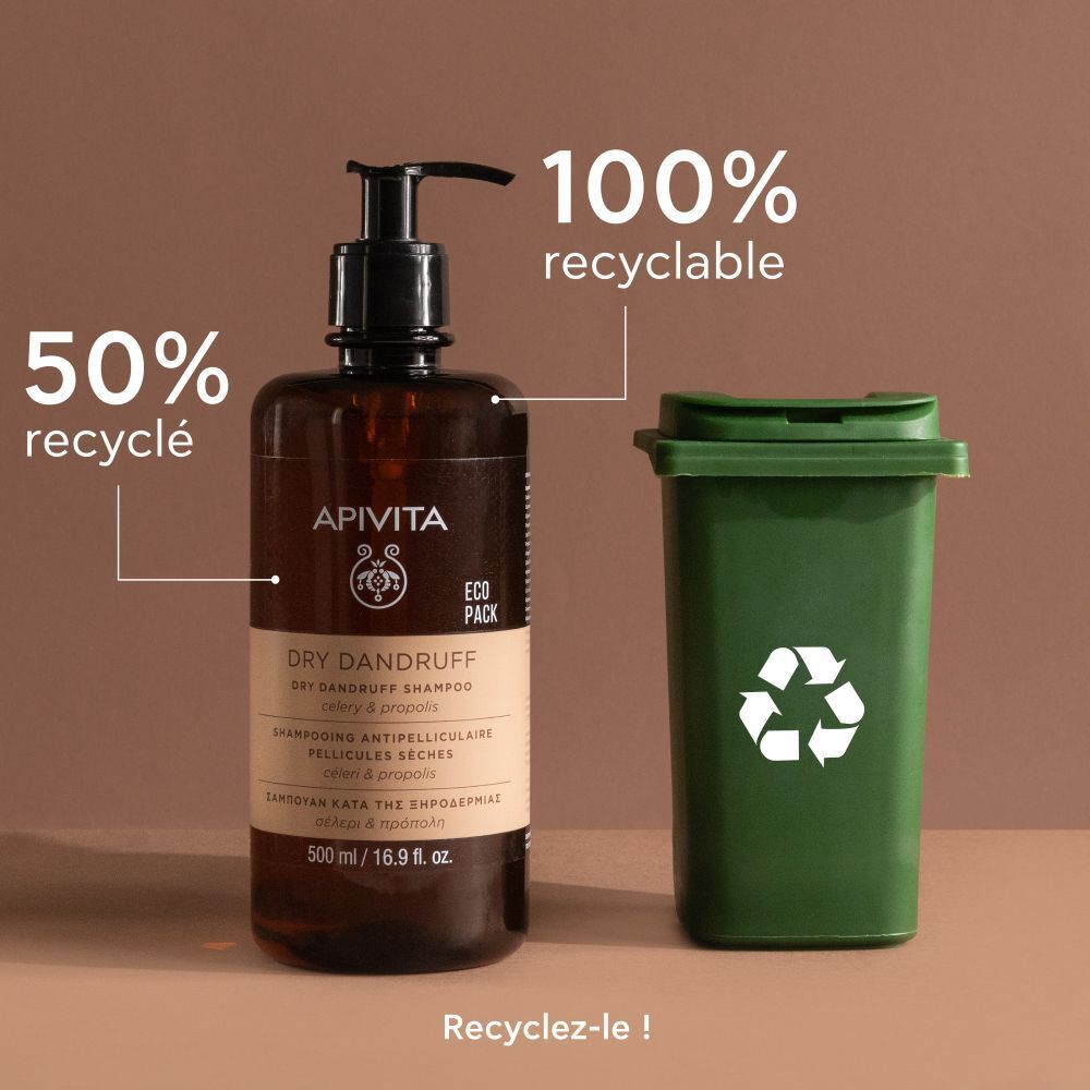 Produit et poubelle. Texte: 50% recyclé, 100% recyclable. Recyclez-le!