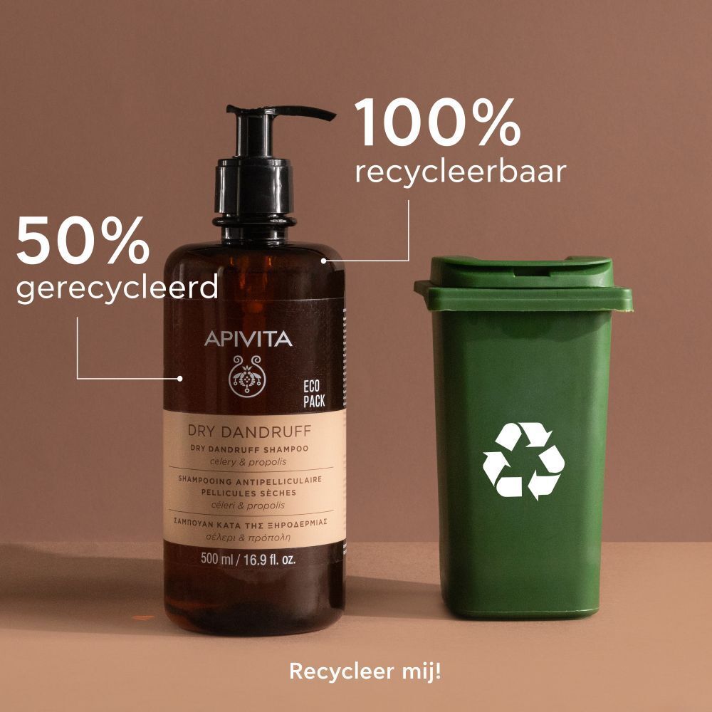 Product en vuilnisbak. Tekst: 50% gerecycled, 100% recyclebaar. Recycleer mij!