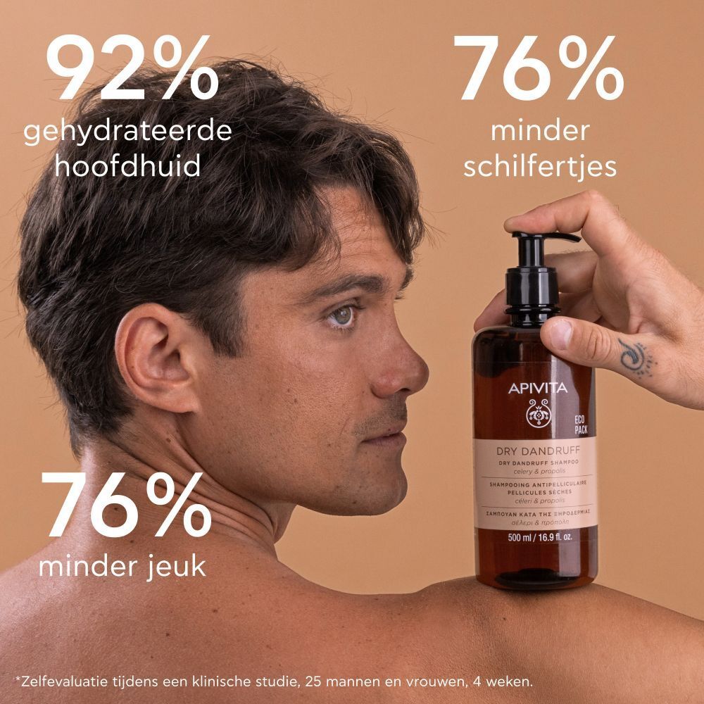 Man met product. Tekst: 92% gehydrateerde hoofdhuid, 76% minder schilfertjes, 76% minder jeuk.