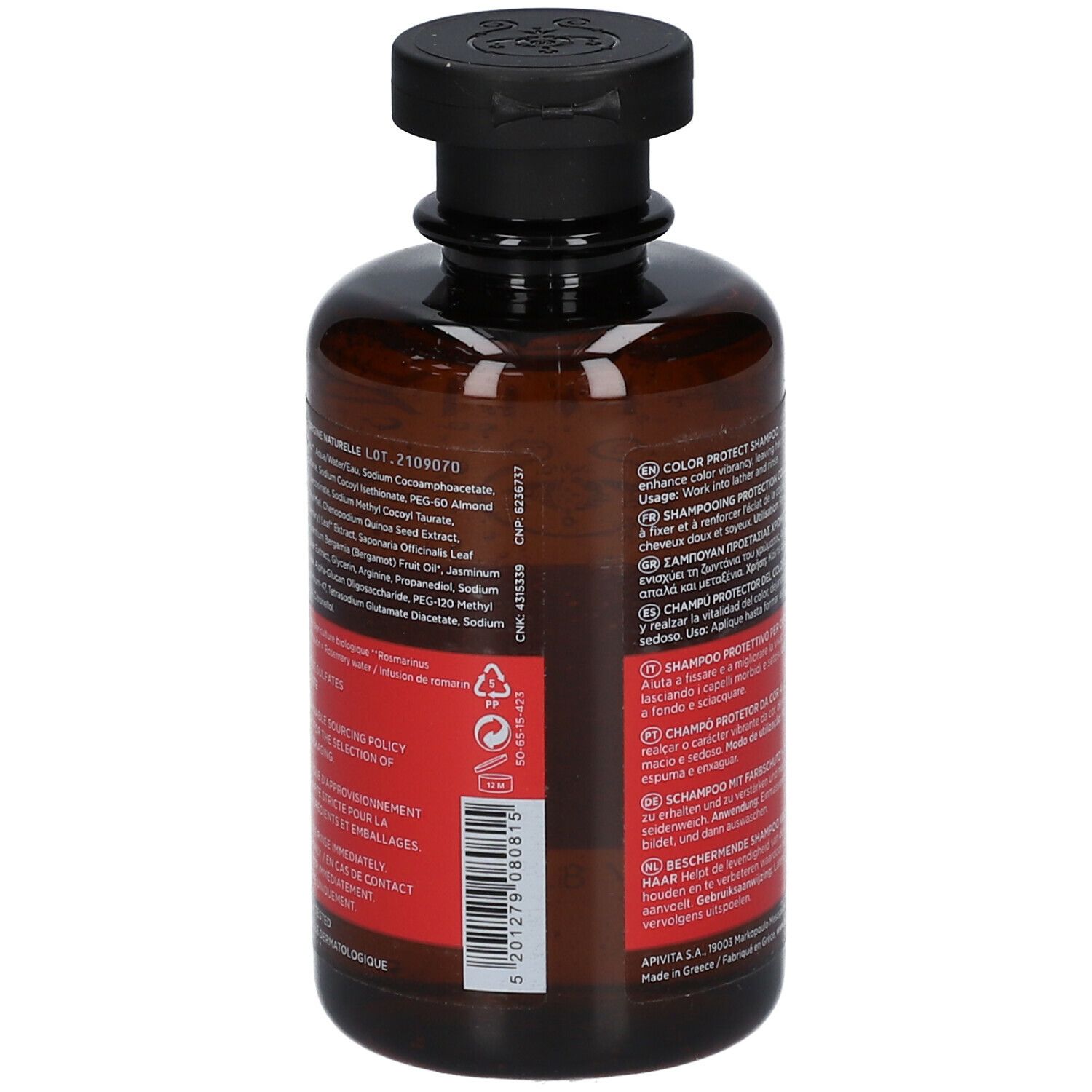Rückseite der braunen Flasche mit schwarzem Deckel. Rotes Etikett mit Text in mehreren Sprachen. Inhaltsstoffe.