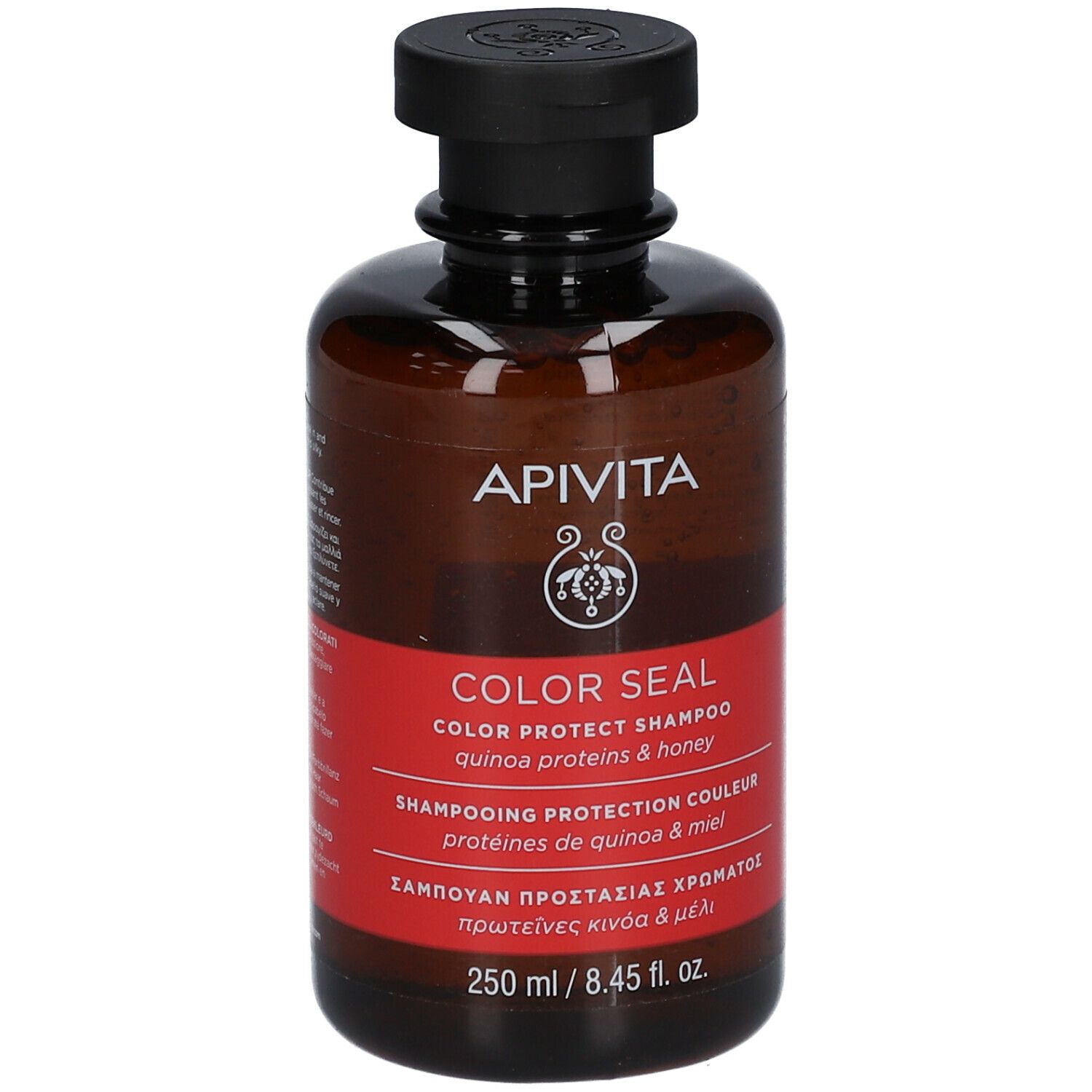 Braune Flasche mit schwarzem Deckel. Rotes Etikett mit weißer Schrift: COLOR SEAL, Shampoo. 250 ml.