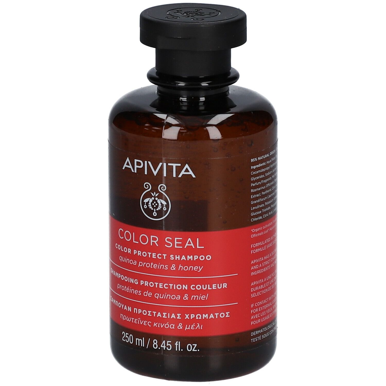 Braune Flasche mit schwarzem Deckel. Rotes Etikett mit weißer Schrift: COLOR SEAL, Shampoo. 250 ml. Inhaltsstoffe.