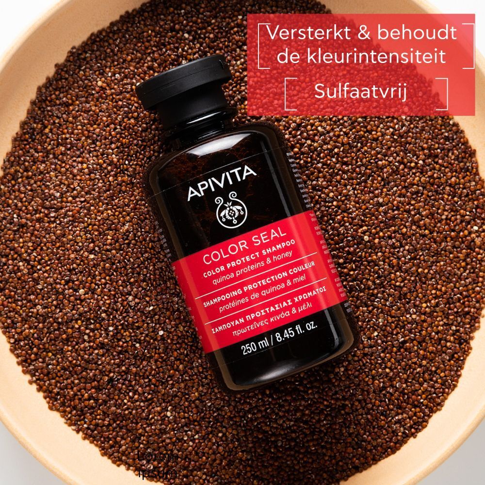 Bruine fles, zwarte dop. Rood etiket: COLOR SEAL, Shampoo. 250 ml. Op quinoa zaden.