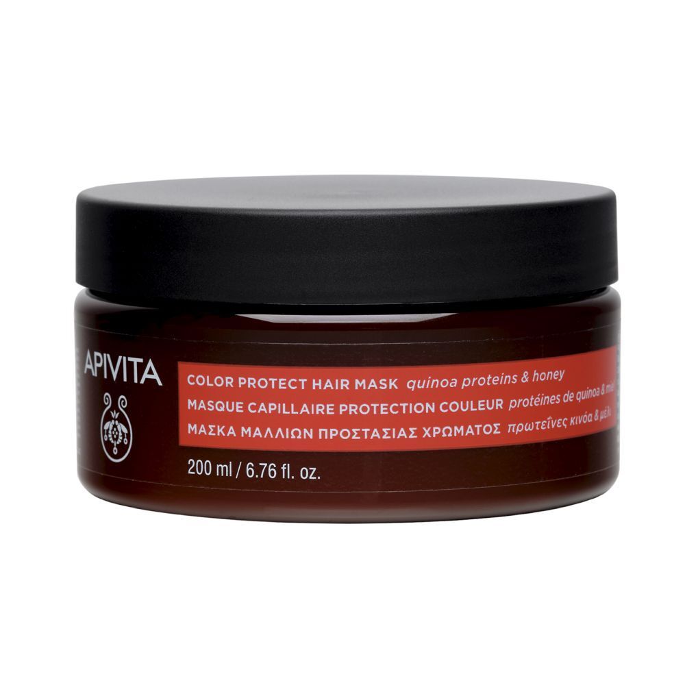 Pot rond avec couvercle noir. Inscription : APIVITA Color Protect Hair Mask. Pot brun avec étiquette rouge.
