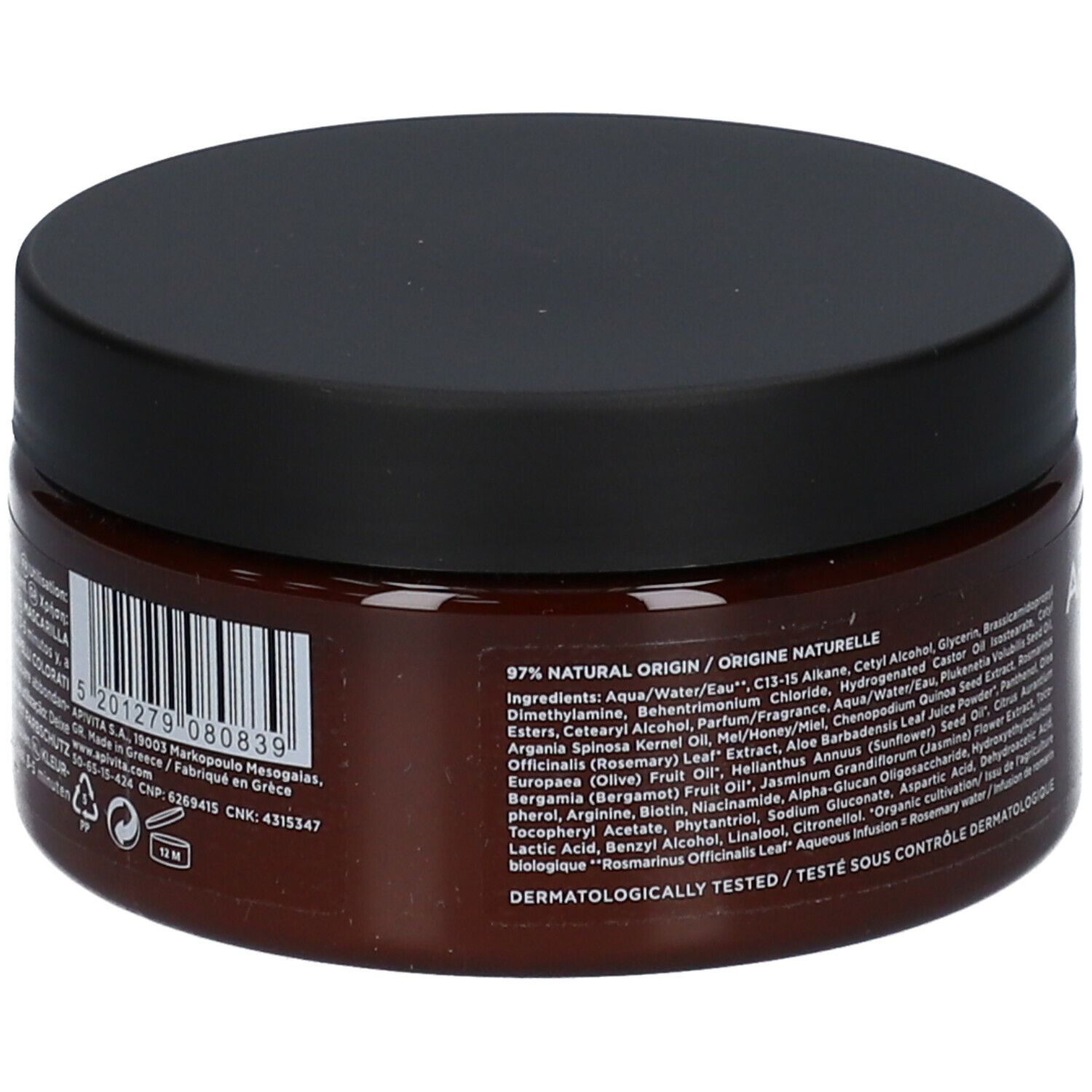 Ronde pot met zwarte deksel. Opschrift: APIVITA Color Protect Hair Mask. Bruine pot met rood etiket.
