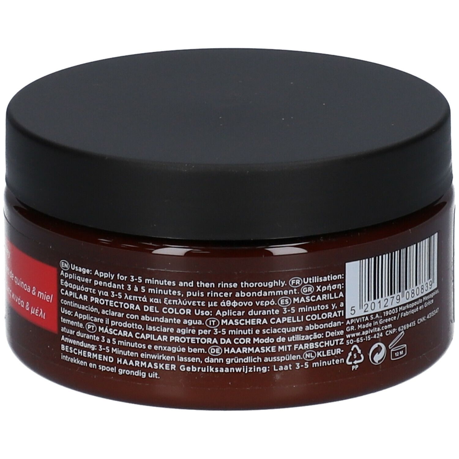 Ronde pot met zwarte deksel. Opschrift: APIVITA Color Protect Hair Mask. Bruine pot met rood etiket.