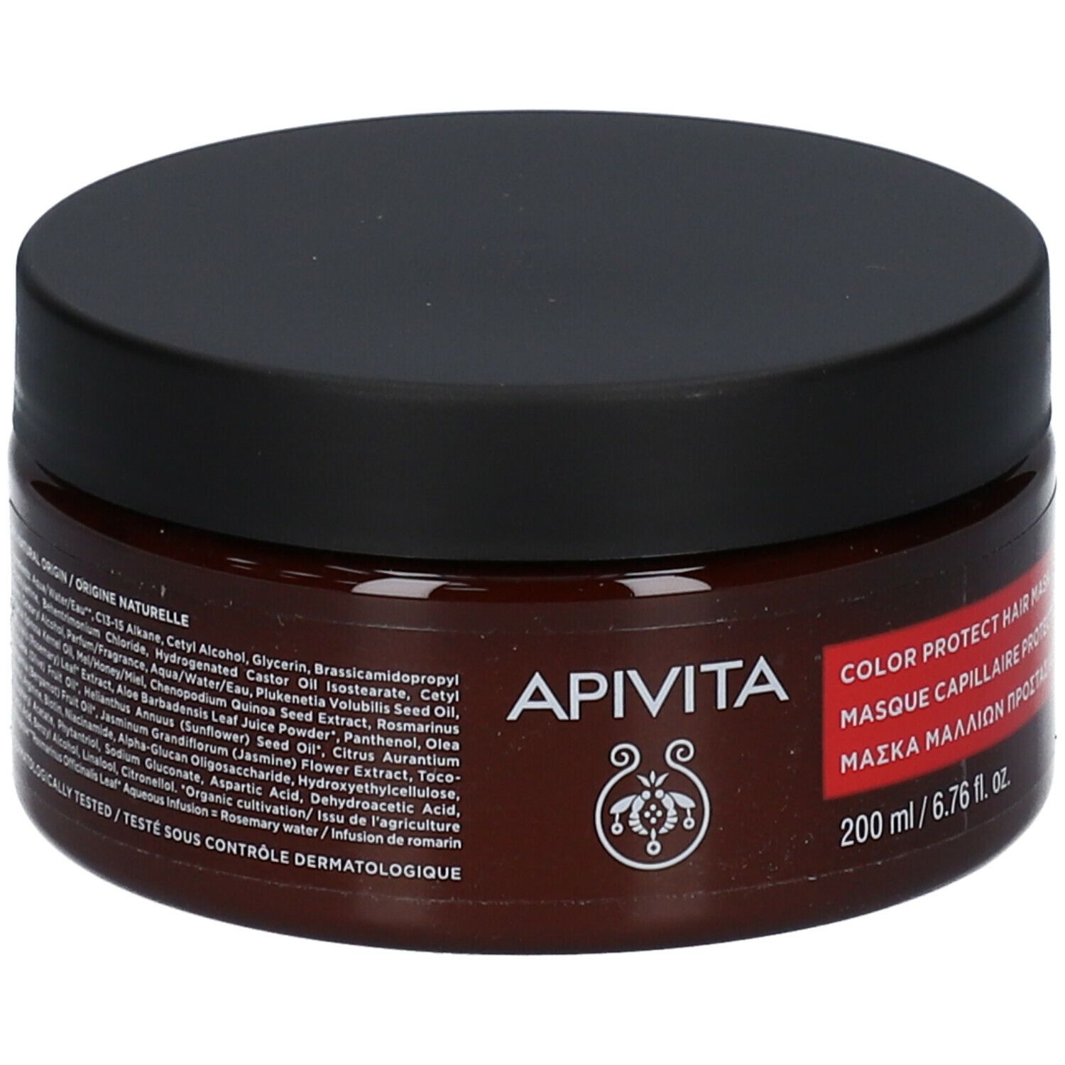 Ronde pot met zwarte deksel. Opschrift: APIVITA Color Protect Hair Mask. Bruine pot met rood etiket.