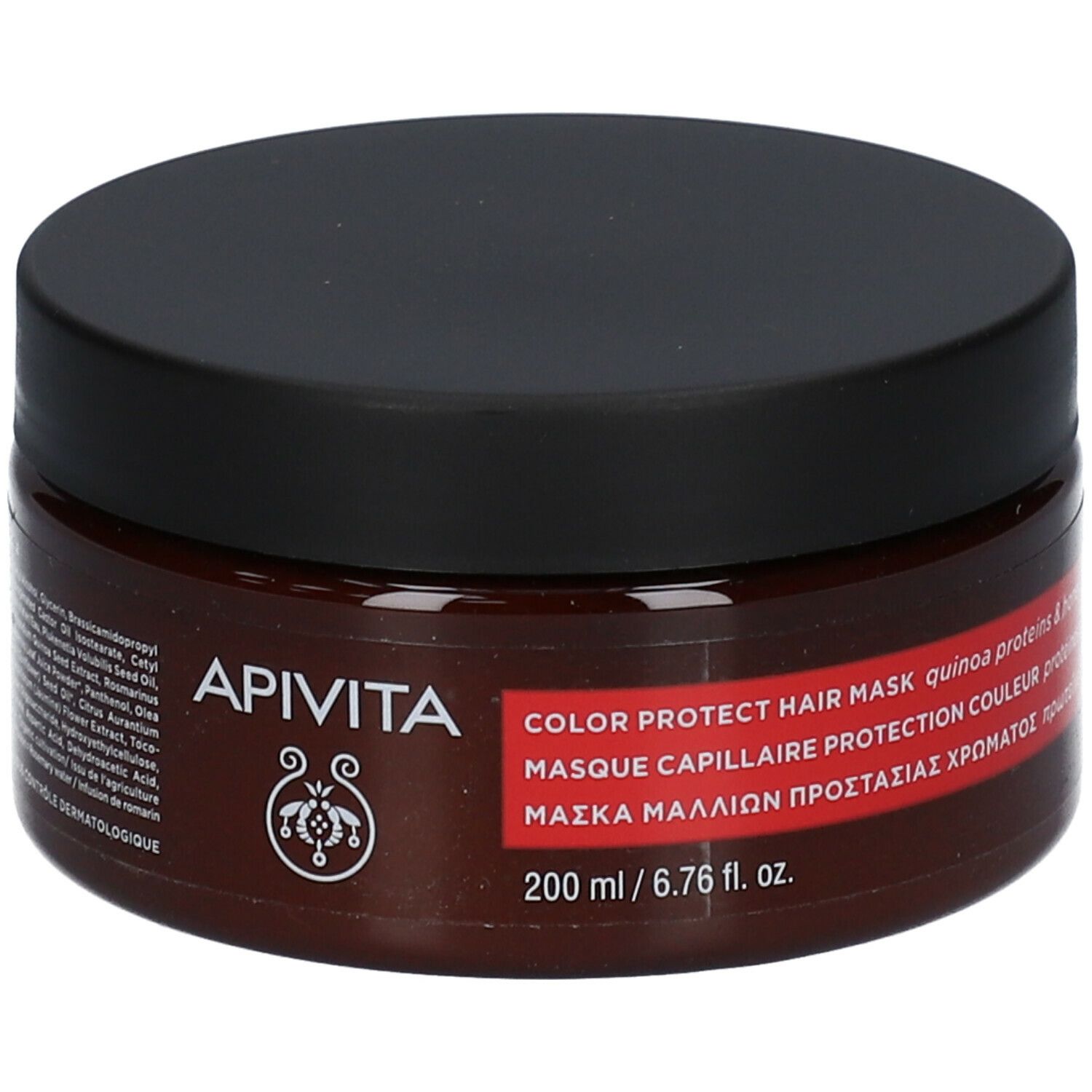 Ronde pot met zwarte deksel. Opschrift: APIVITA Color Protect Hair Mask. Bruine pot met rood etiket.