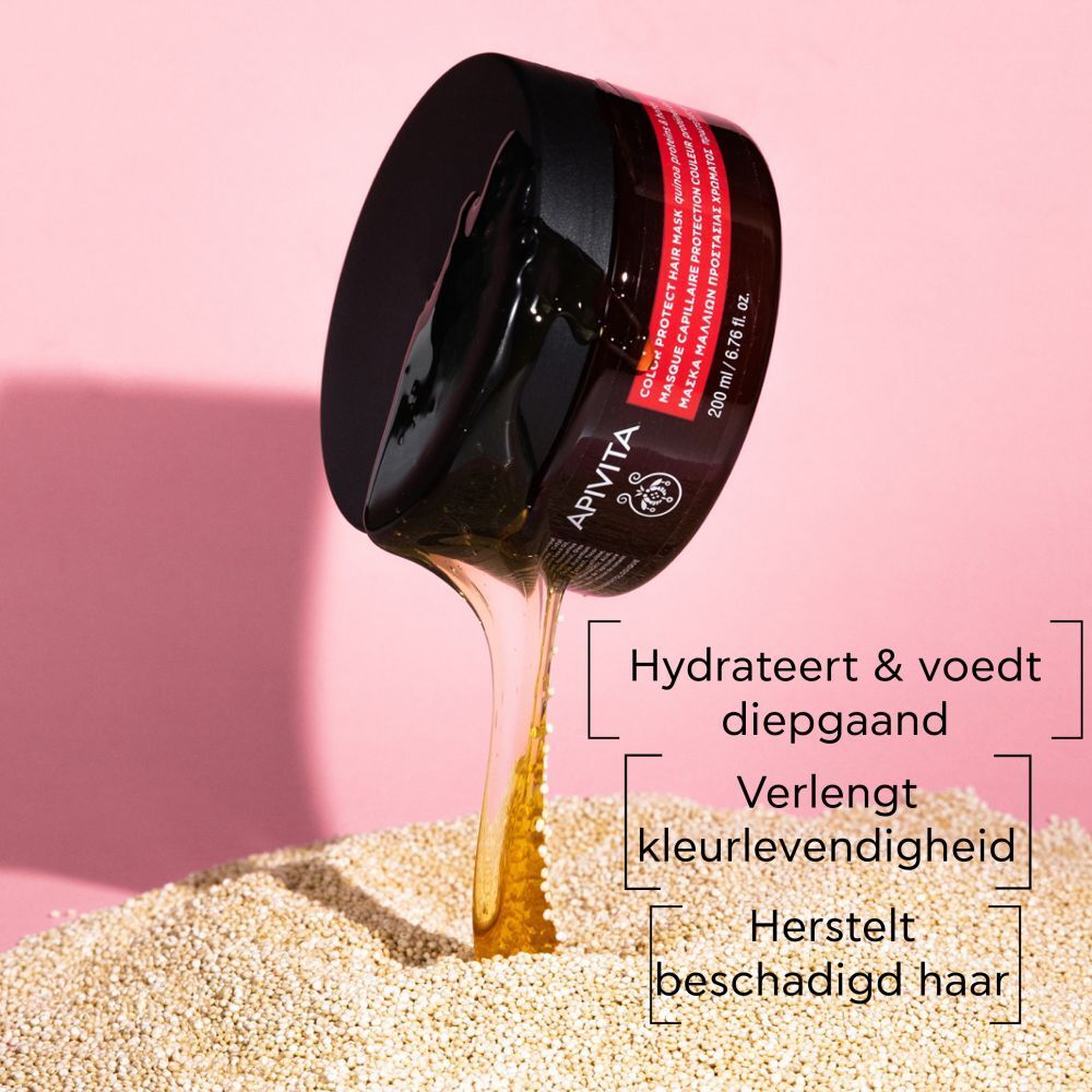 Ronde pot met zwarte deksel. Opschrift: APIVITA Color Protect Hair Mask. Bruine pot met rood etiket.
