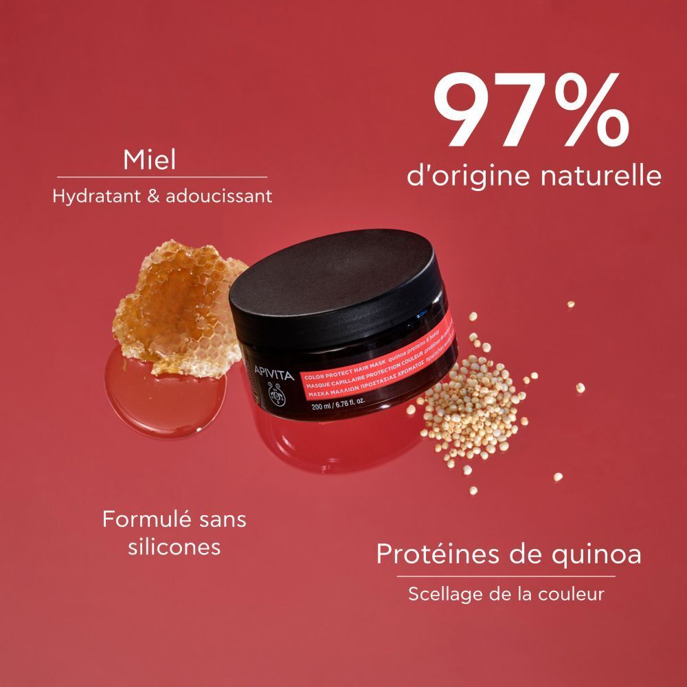 Pot rond avec couvercle noir. Inscription : APIVITA Color Protect Hair Mask. Pot brun avec étiquette rouge.